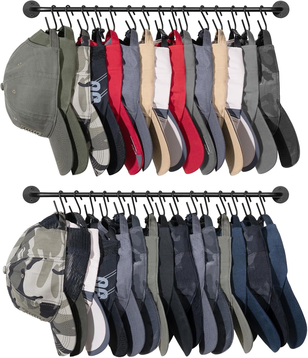 Mkono Hat Rack for Wall Baseball Cap Organizer Hanger with 30 Hooks Modern Metal Hat Holder Wall-Mounted Caps Display for Closet Door Bedroom Entryroom Laundry, Set of 2 (Black, Medium) Black Medium