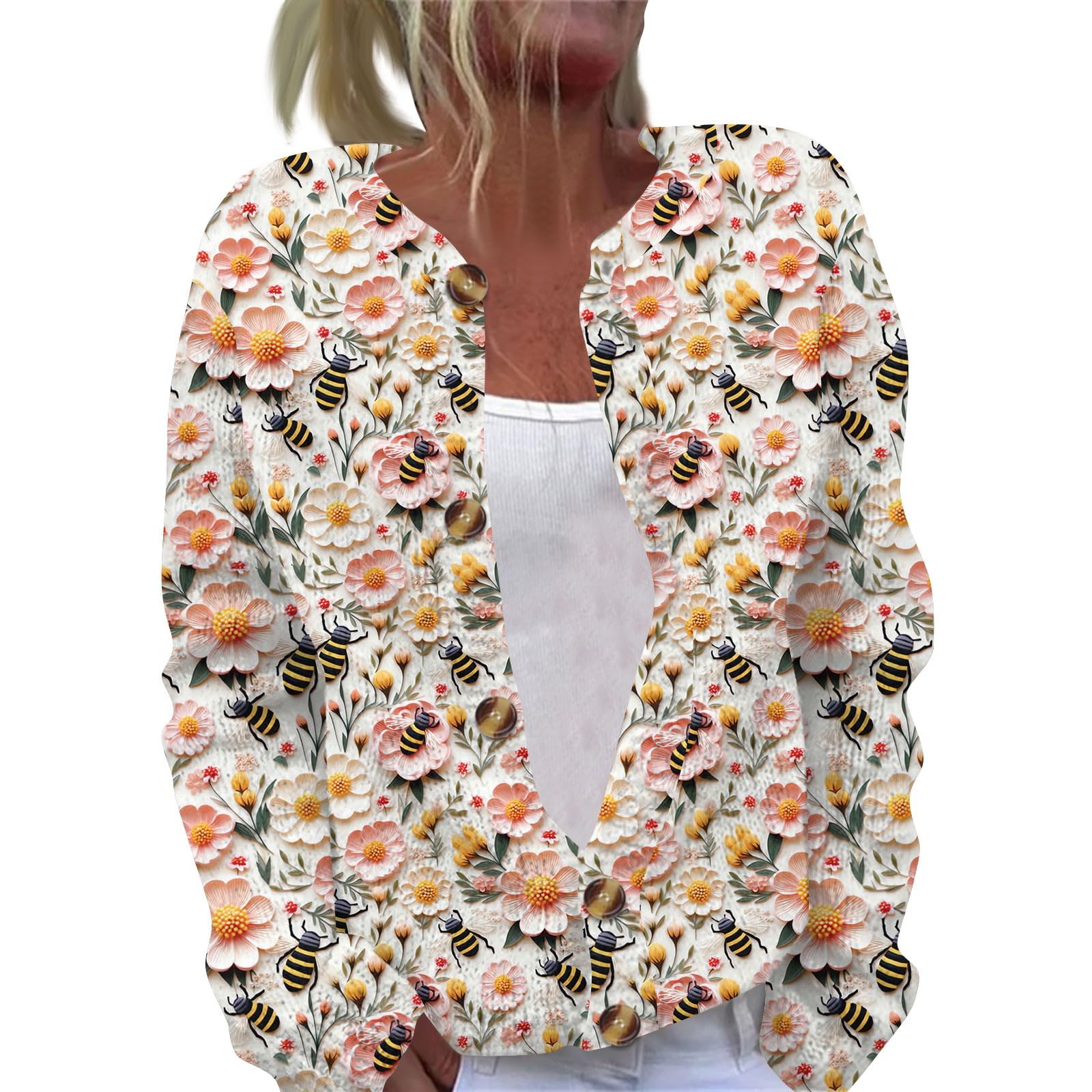 Women Sweaters Fall Crew Neck Button Up Sweater Loose Long Sleeve Floral Print Coats Open Front Casual Knitted