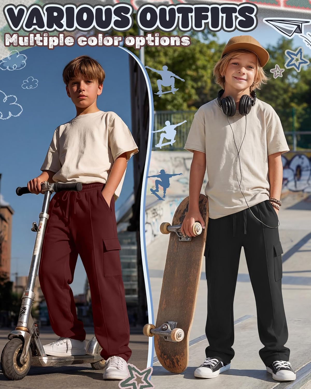 5 Pack Boys' Cargo Sweatpants Straight Leg Joggers Open Bottom Baggy Pants with Multi Pockets for Years 6-16