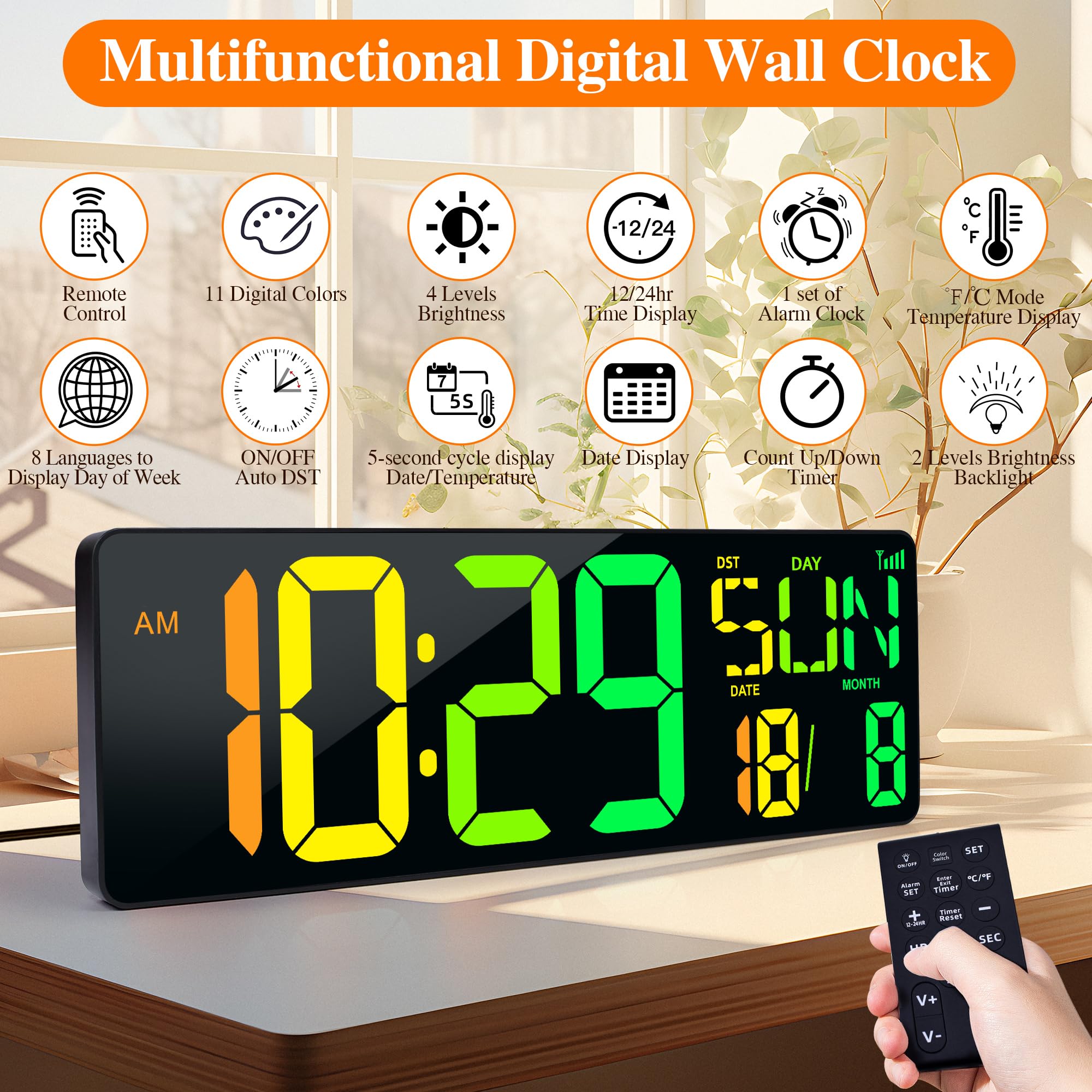 KRSTIR Large Digital Wall Clock with Remote Control 17.2" LED Large Display Timer with Temperature Date Week Auto DST Adjustable Brightness - Image 2
