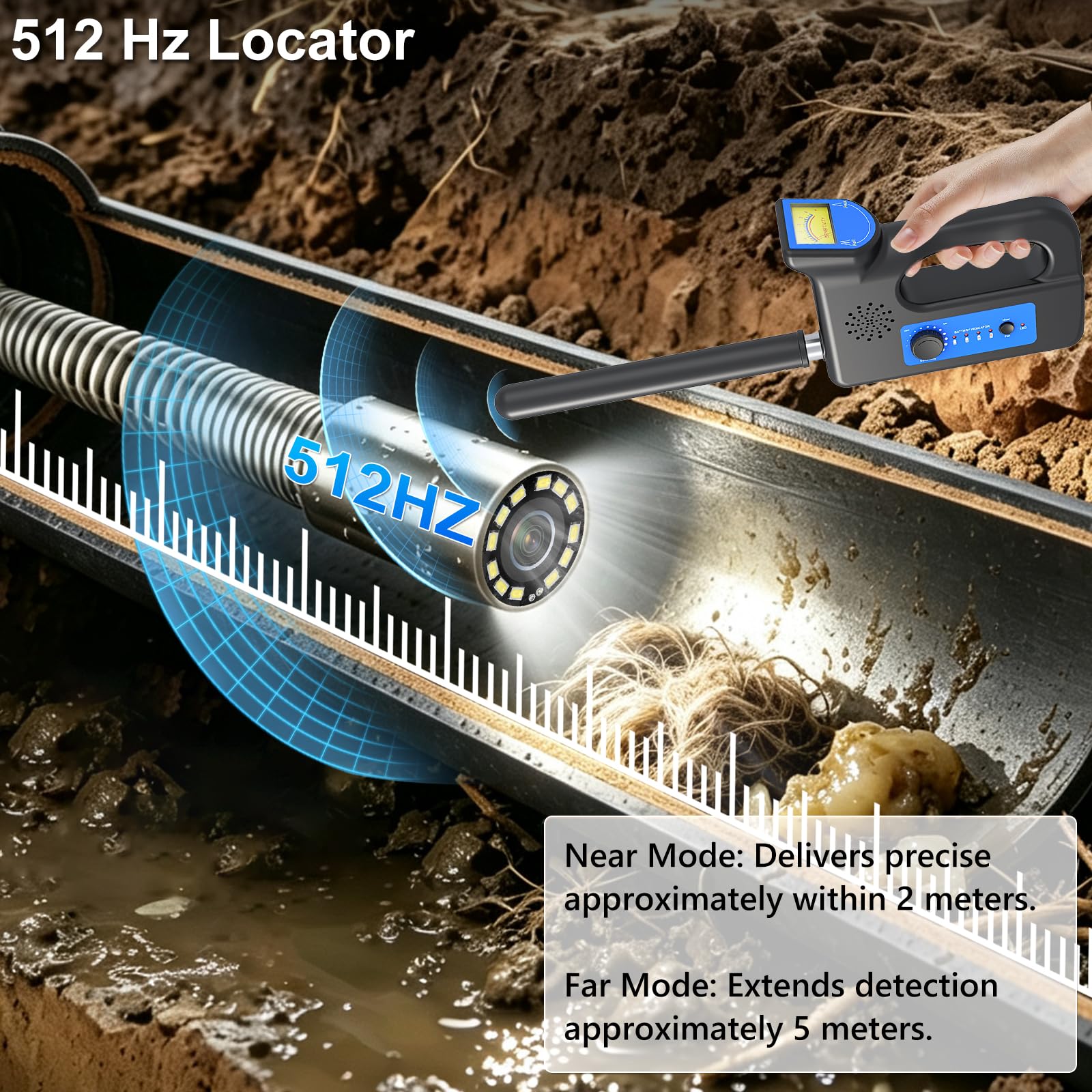 Cámara de Alcantarillado con Localizador 512Hz, Cámara Inspección Tuberías Auto Nivelante 23mm 1080P, Pantalla IPS 9", IP68 Impermeable, Contador de Metros, Batería 4500mAh, Tarjeta 32GB