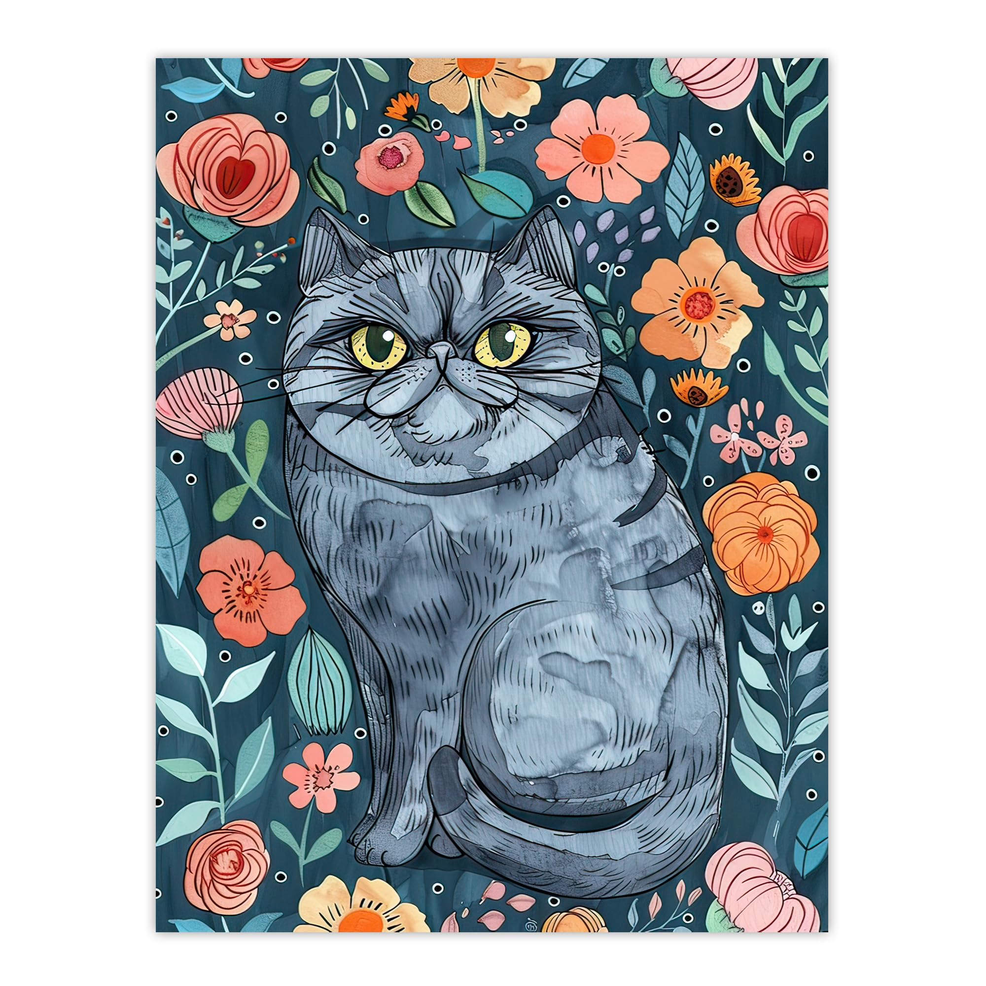 Artery8 Grumpy Blue Exotic Shorthair Cat Floral Portrait Living Room Extra Large XL Wall Art Poster Print