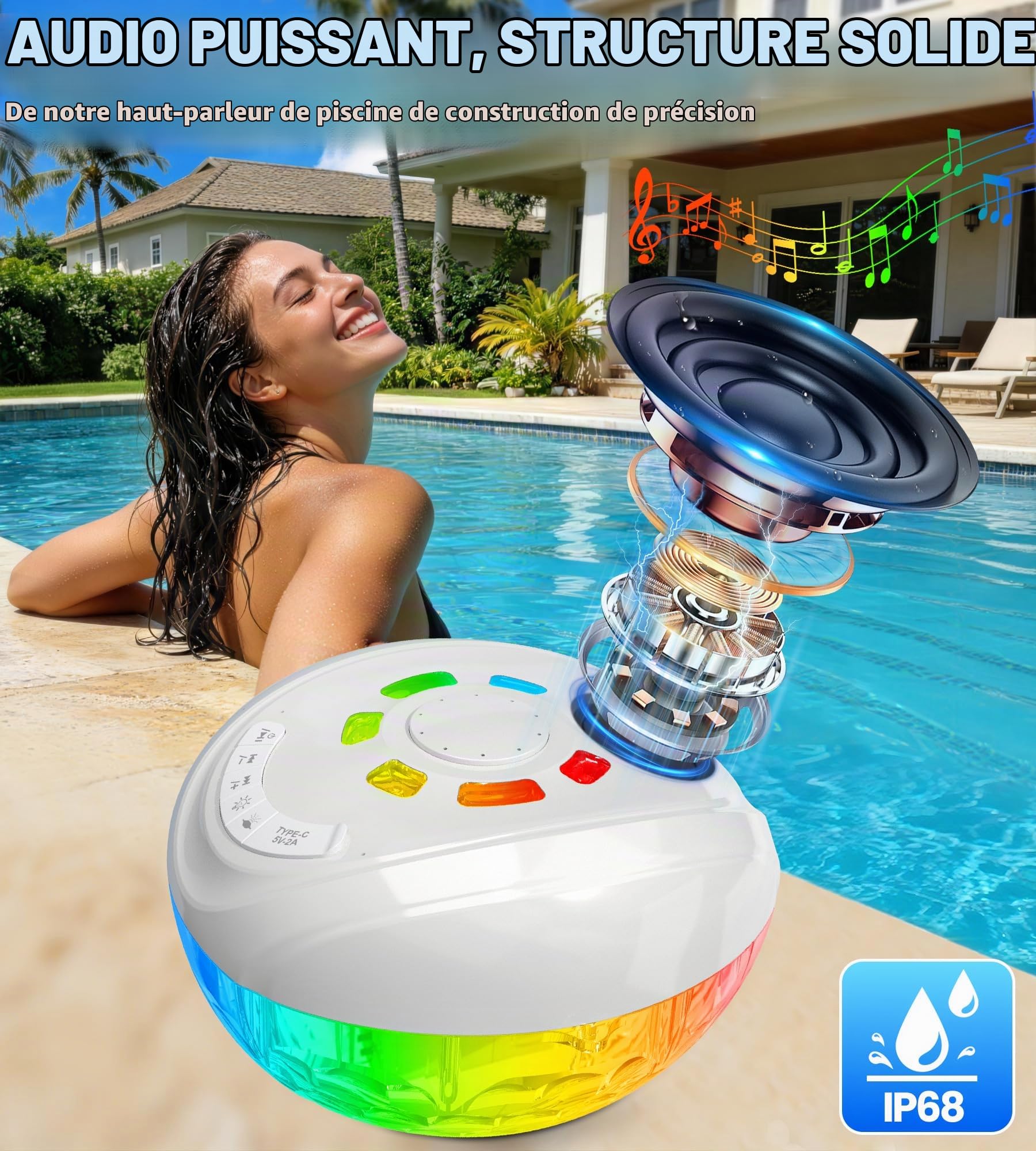 Luxfero 3 en 1 Enceinte Picsine avec Fontaine & Lumière,Enceinte Bluetooth Piscine Étanche IP68,Enceinte Flottante, Haut Parleur Bluetooth Puissant,Stéréo HD,BT5.4,24H Fontaine Piscine Rechargeable