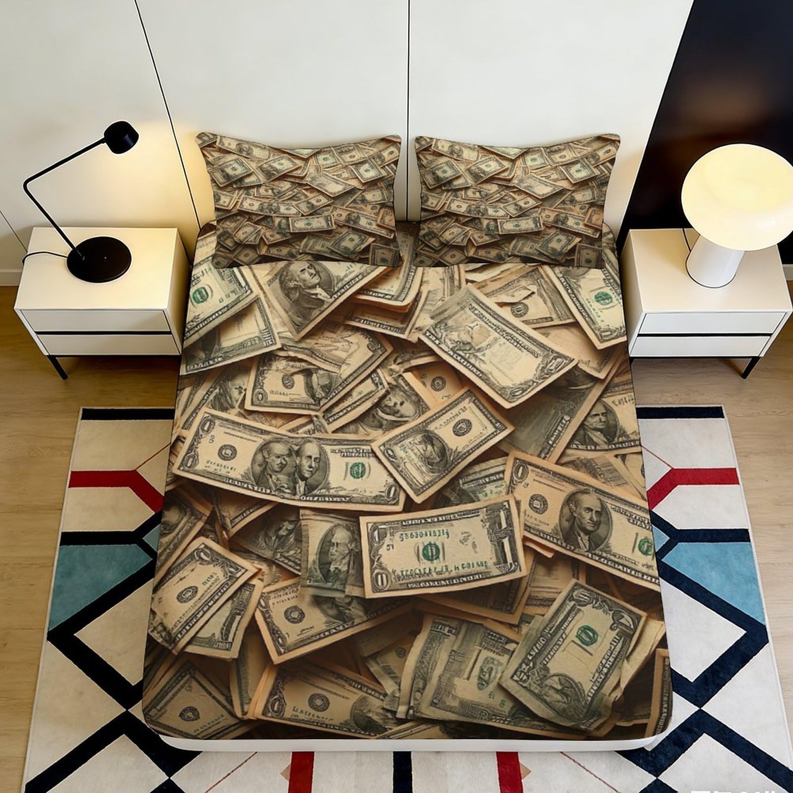 3D Printed Money Stack Fitted Sheet Microfiber Soft Bed Cover for Bedroom Dorm Mattress Protection Decor 90x200x25cm