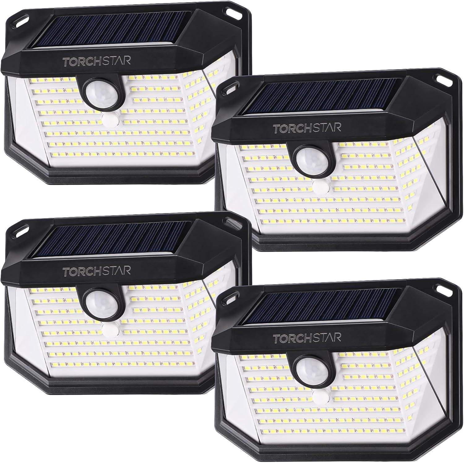 Four TORCHSTAR Solar Motion Sensor Lights in black, showing the solar panel, LED array, and motion sensor.