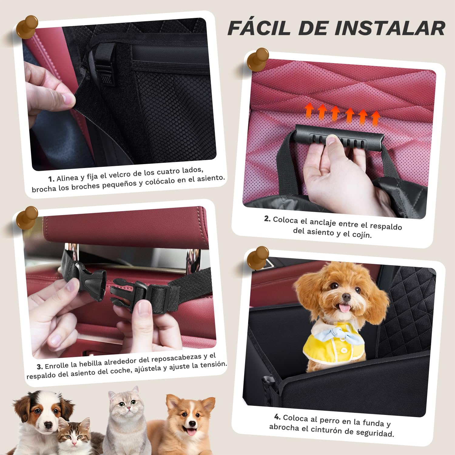 Asiento Coche Perro, Funda Protector Delantero Homologado con Pared Reforzada y Cinturón Seguridad, Cubierta Extra Estable Plegable Impermeable, para Perros Pequeño Mediano Negro