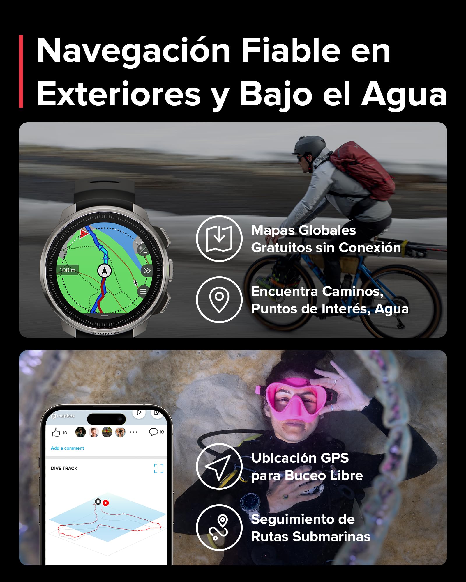 Suunto Ocean Ordenador de Buceo y Reloj Deportivo, Pantalla AMOLED, 100m Impermeable, GPS Doble Banda, Mapa Sin Conexión, 95+ Deportes, HRV y Seguimiento del Sueño