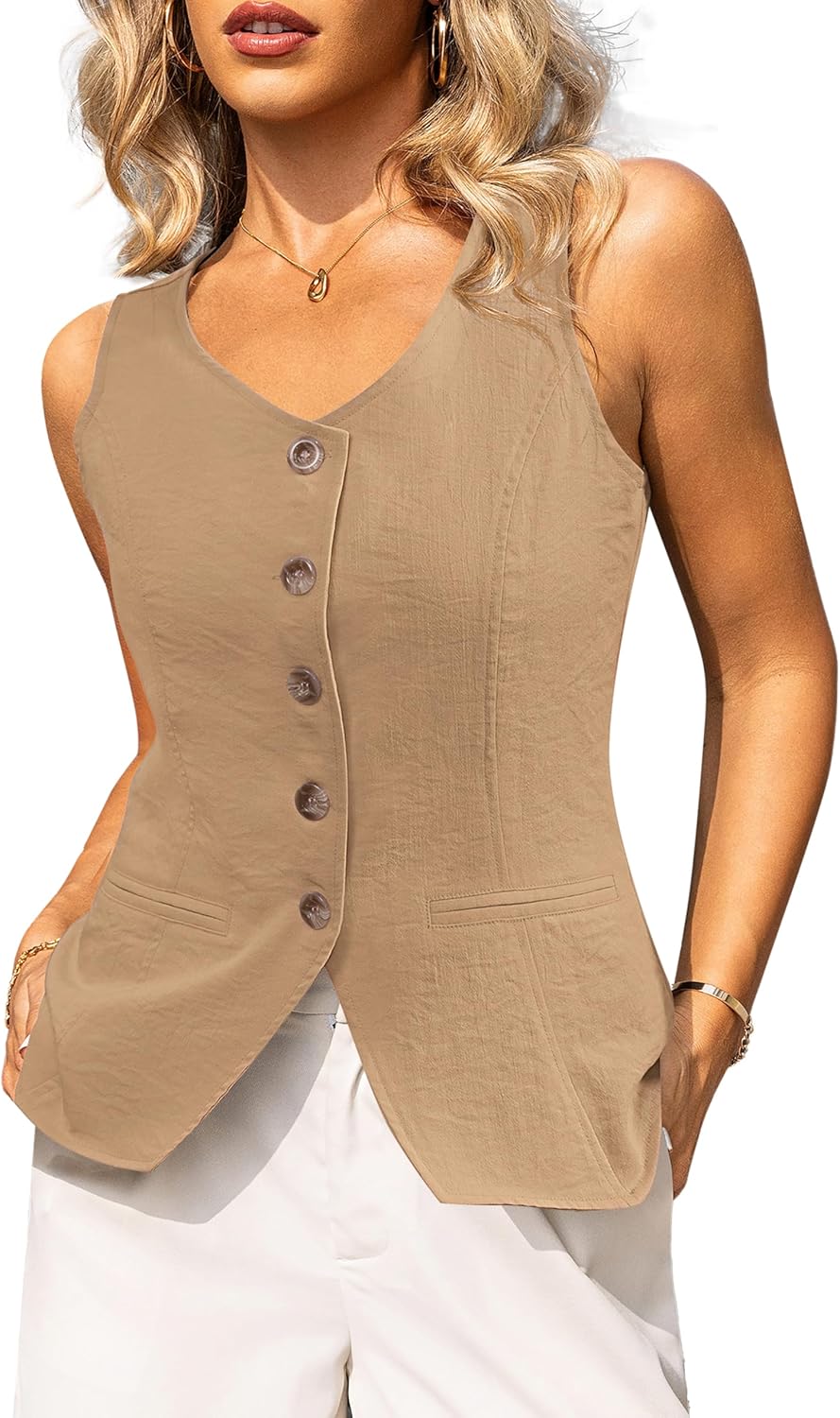 Tralilbee Women’s Sleeveless Vests Blazer Button Down Waistcoat Business Casual Suit Vest Tops S-XL