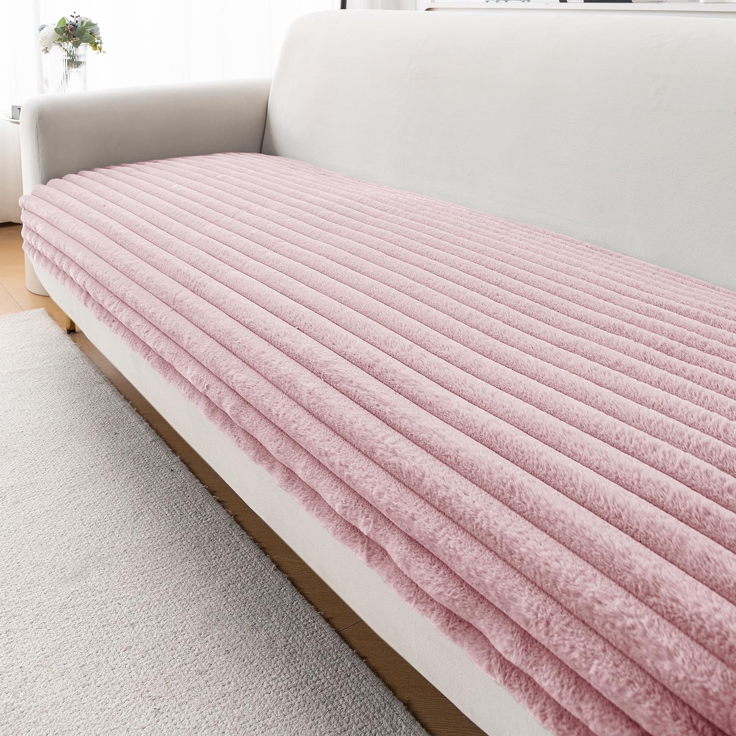 HOKIPO Snuggle Fur Sofa Cover Mat 3 Seater 170 cm, Soft Pink | Ribbed faux rabbit fur, silicone anti-slip dots, machine washable. Buy 1 or more to cover any 1-5 seater or L-shape sofa.
