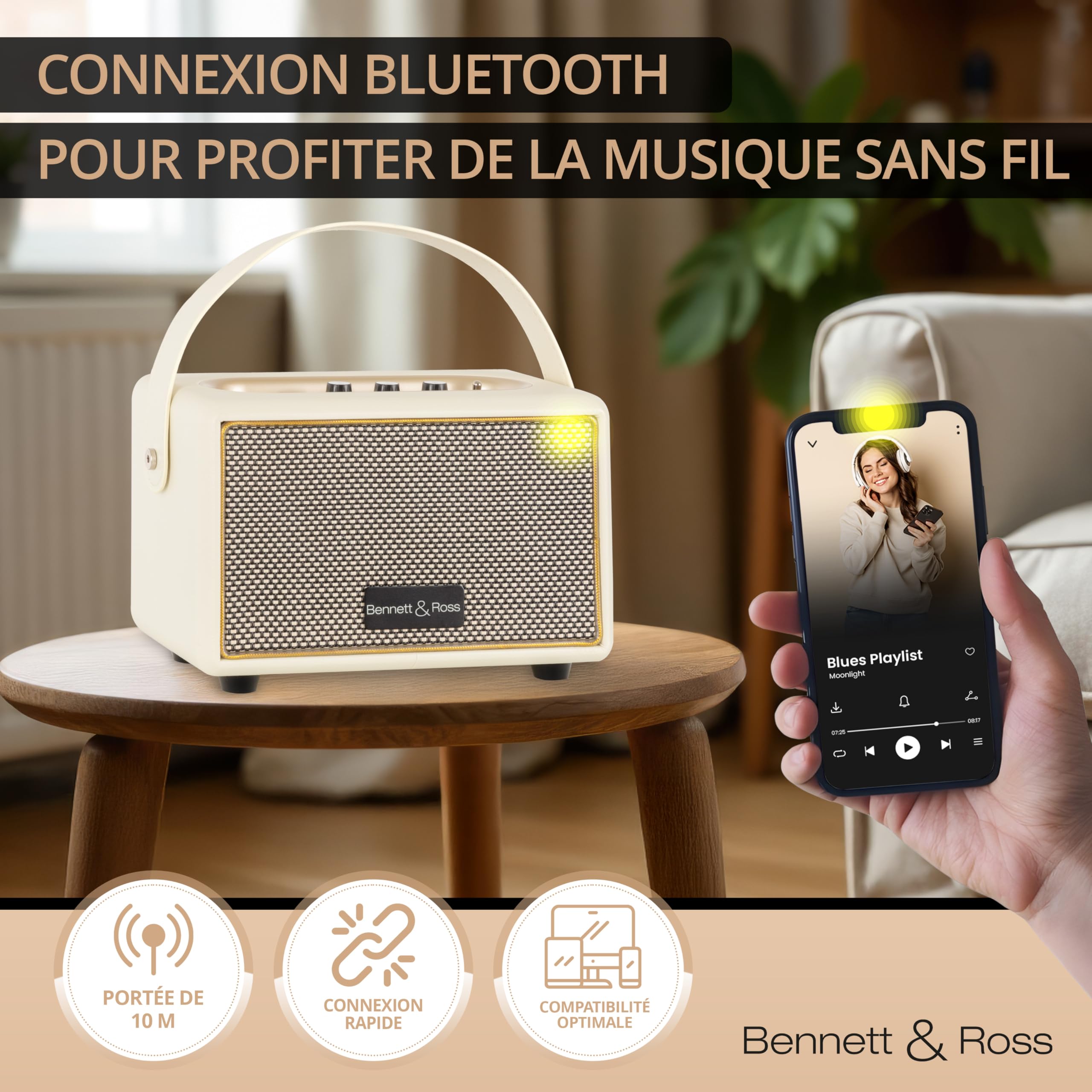 Bennett & Ross BB-820CW Blackmore Junior - Haut-Parleur Bluetooth rétro en Cuir avec accu 5200 mAh - Haut-Parleur Vintage avec 20W - Entrée MicroSD avec Lecteur MP3 - Aux-in - Enceinte Blanc créme