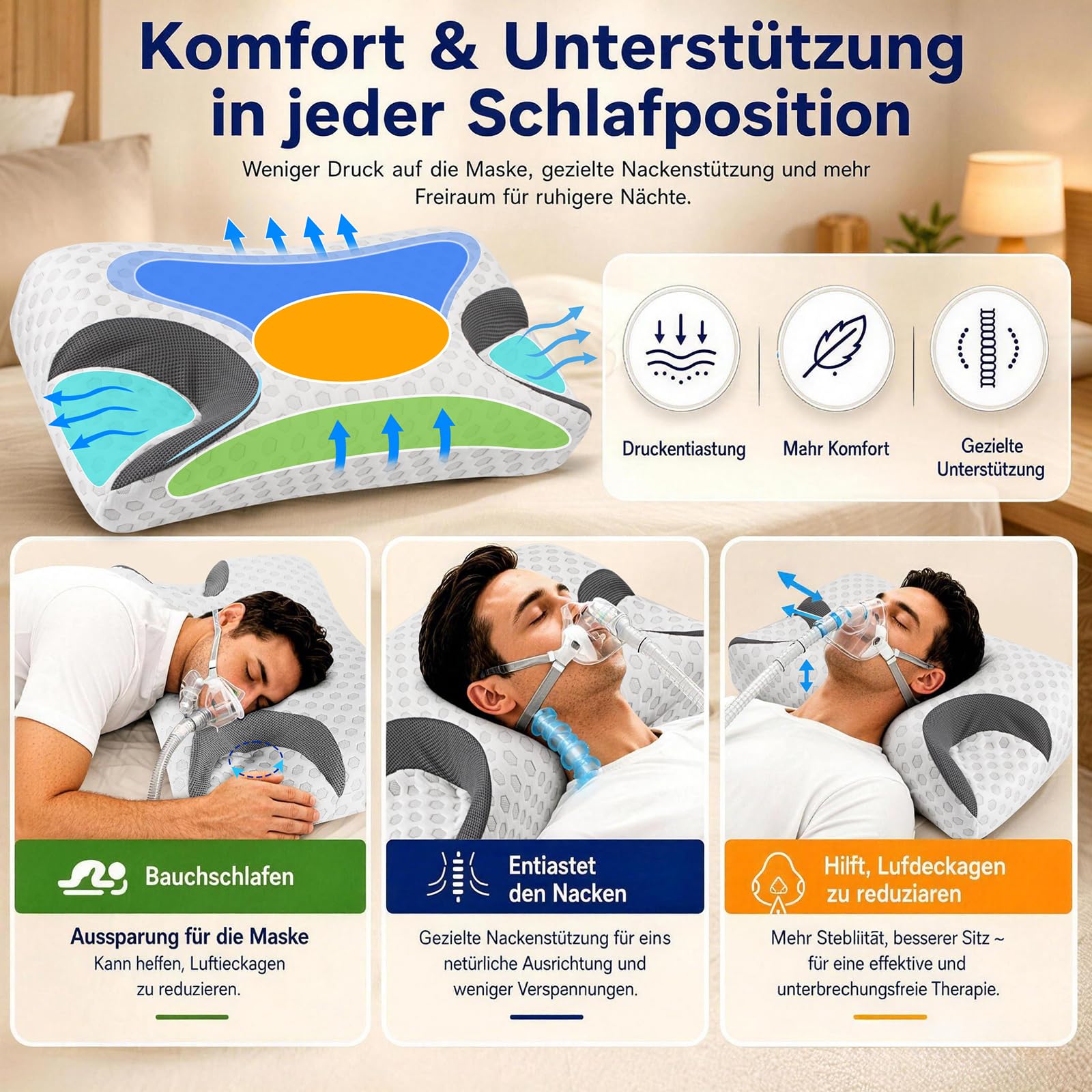 Cuscino CPAP per chi dorme sul fianco riduce le prese d'aria e la pressione della maschera. Cuscino in memory foam adatto per apnea notturna e utenti di maschere CPAP – Cuscino cervicale per