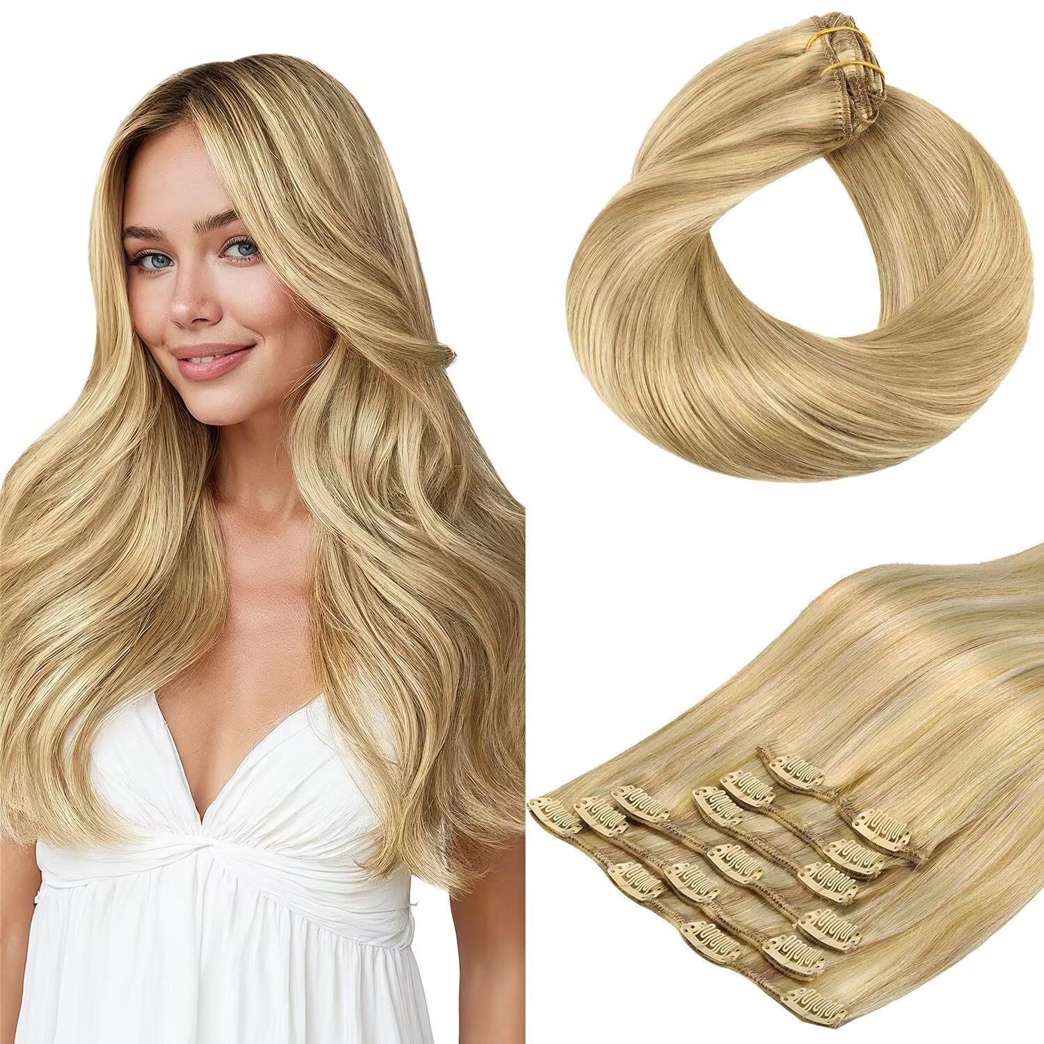 HOTBANANA Human Hair Clip in Hair Extensions, Clip in Extensions Remy Human Natural Straight, Balayage Light Blonde Highlighted Golden Blonde (Ash
