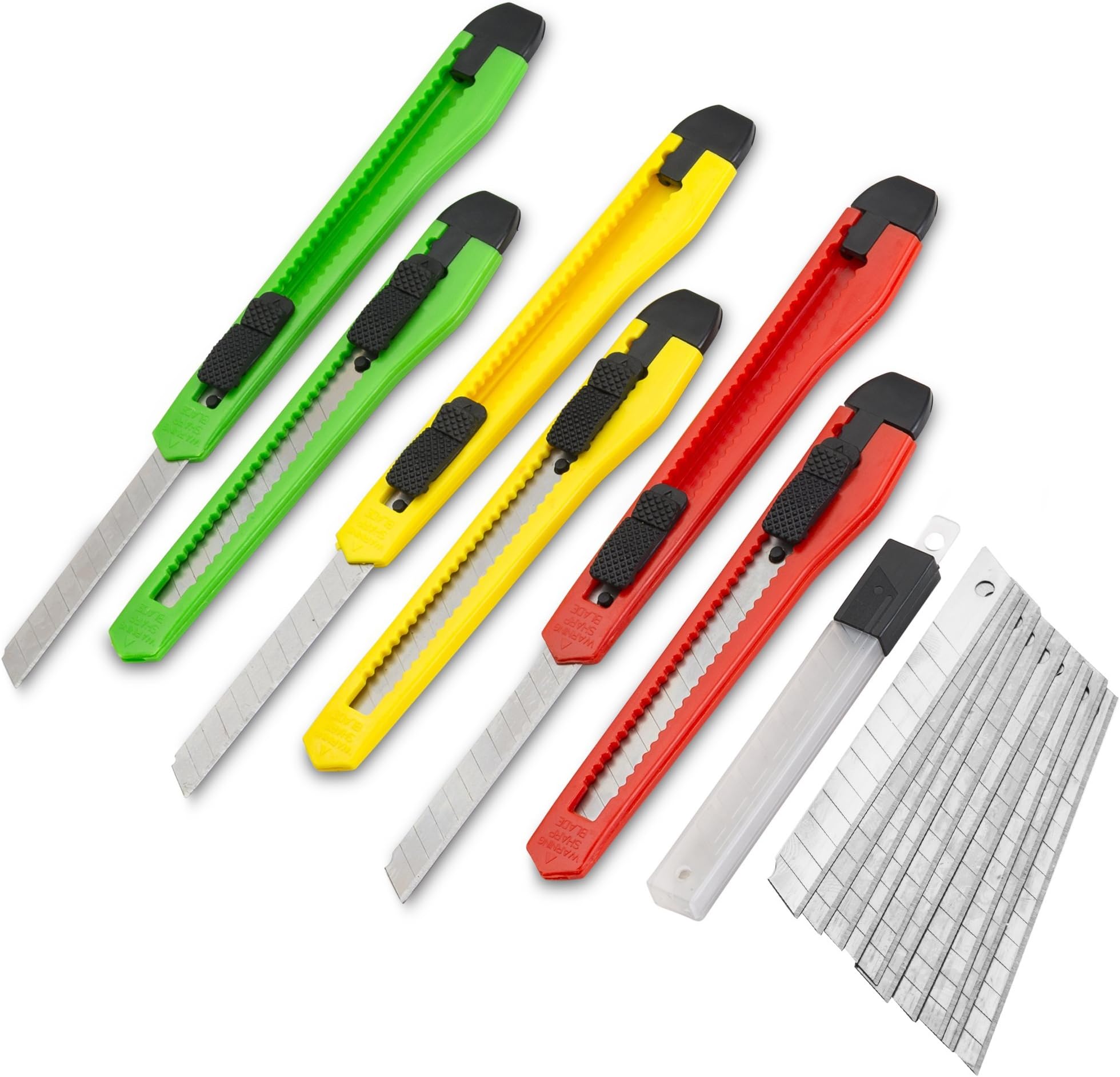 Fixson Utility Knife 9-MM Box Cutter (6 PACK) Retractable Razor Blades Knifes with Snap Off Blades and Slide Locks, Great Packaging Tools & Hobby Knife (10 REPLACEMENT BLADES INCLUDED)