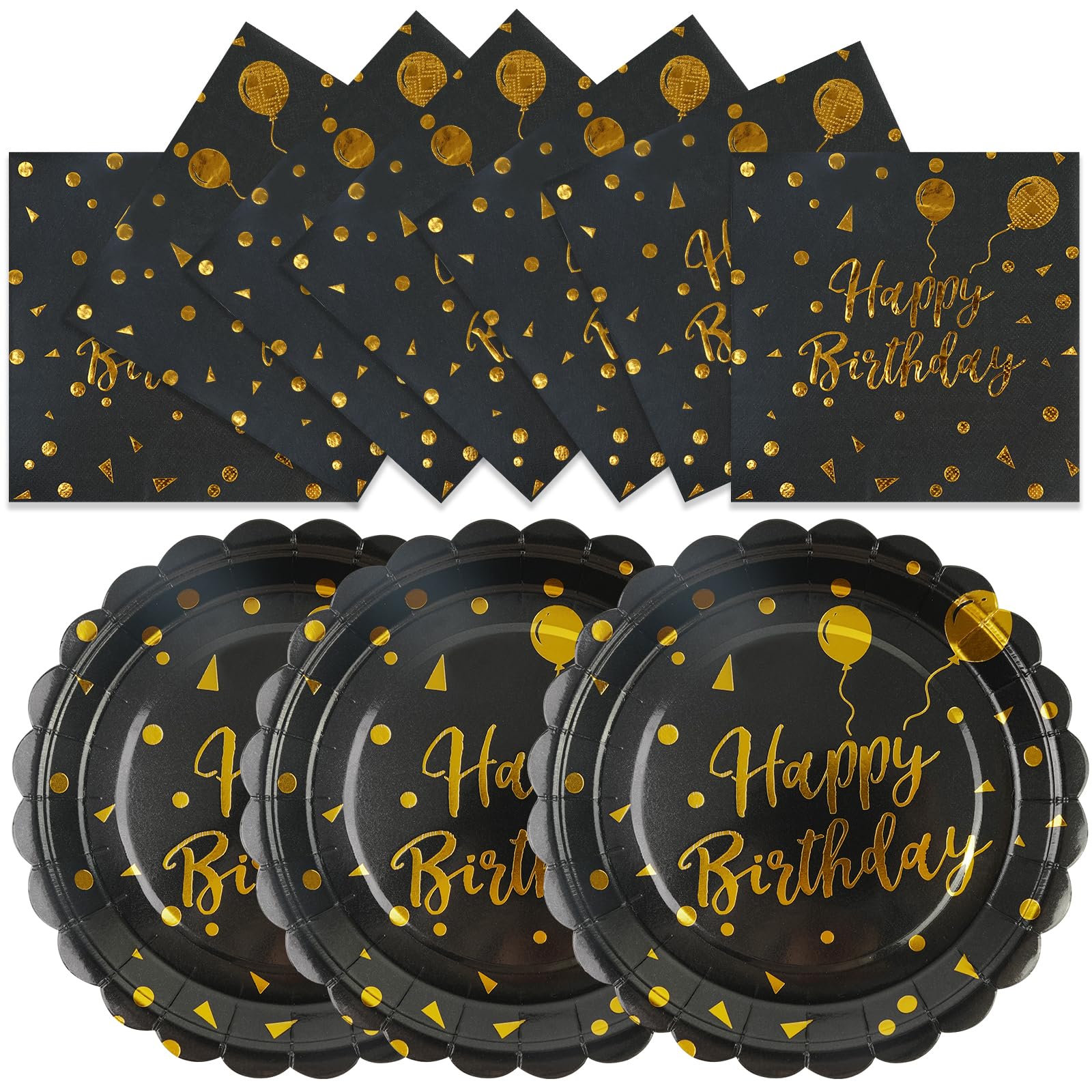 50PCS Happy Birthday Paper Plates and Napkins - 7 Inch Birthday Cake Plates Scalloped Black and Gold Dessert Plates and 6.5 Inch Napkins Disposable Tableware Set, Serves 25