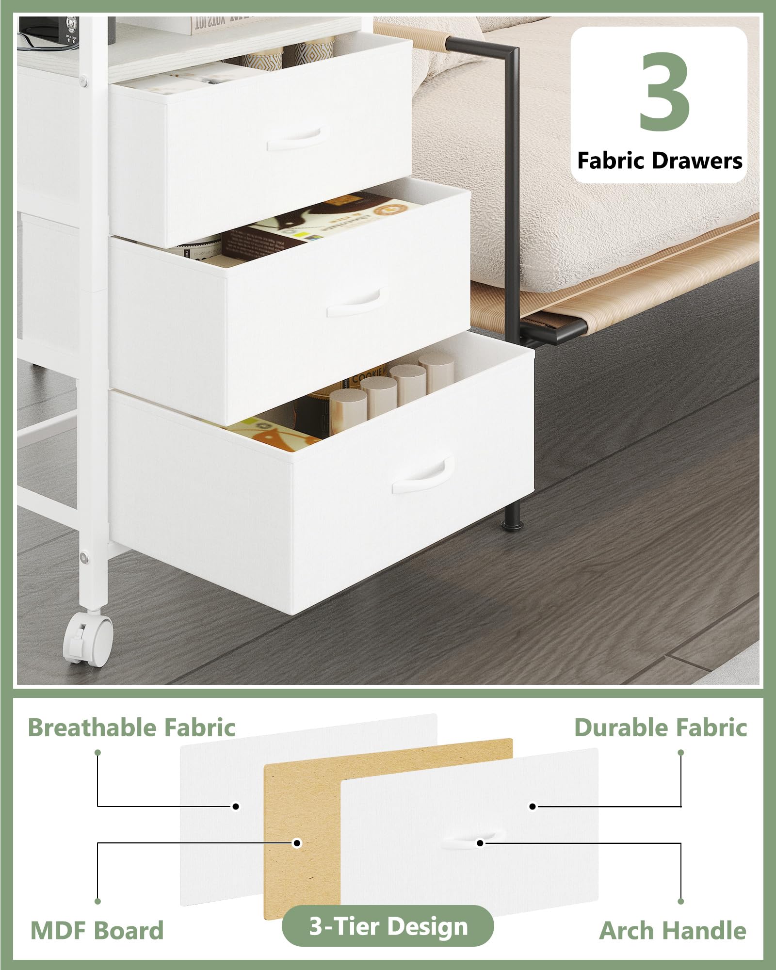 Lutown-Teen Mesita de Noche Blanca Alta de 73 cm, Mesa Auxiliar con Enchufes, Estructura de Metal y 3 Cajones de Tela, Mesillas de Noche con Ruedas, para Dormitorio, Salón, Blanco