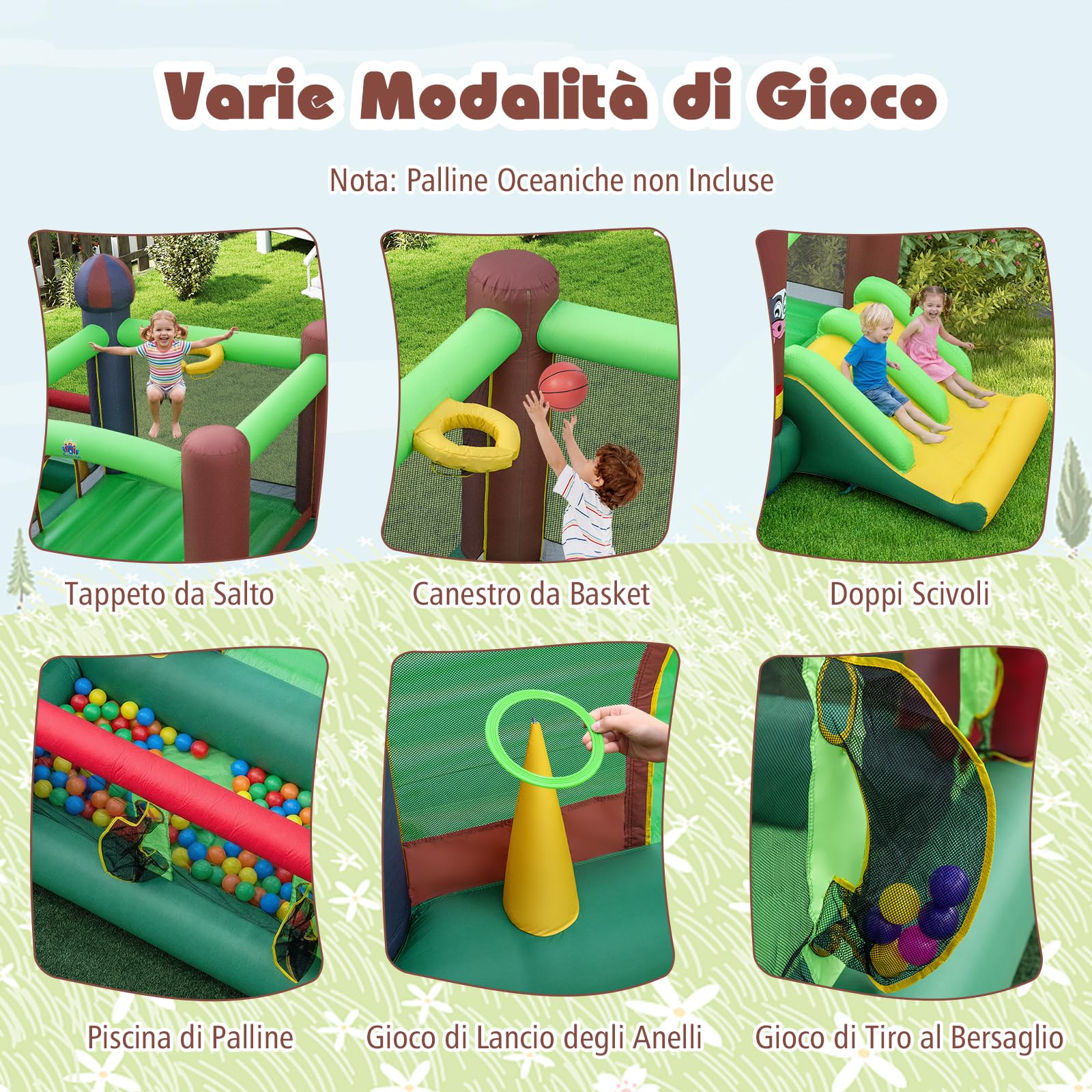 COSTWAY Castello Gonfiabile per Bambini con Soffiatore 680W, Grande Casa Gonfiabile con Doppio Scivolo, Piscina di Palline e Gioco di Lancio ad Anelli, da 3 a 12 Anni, per Interno o Esterno