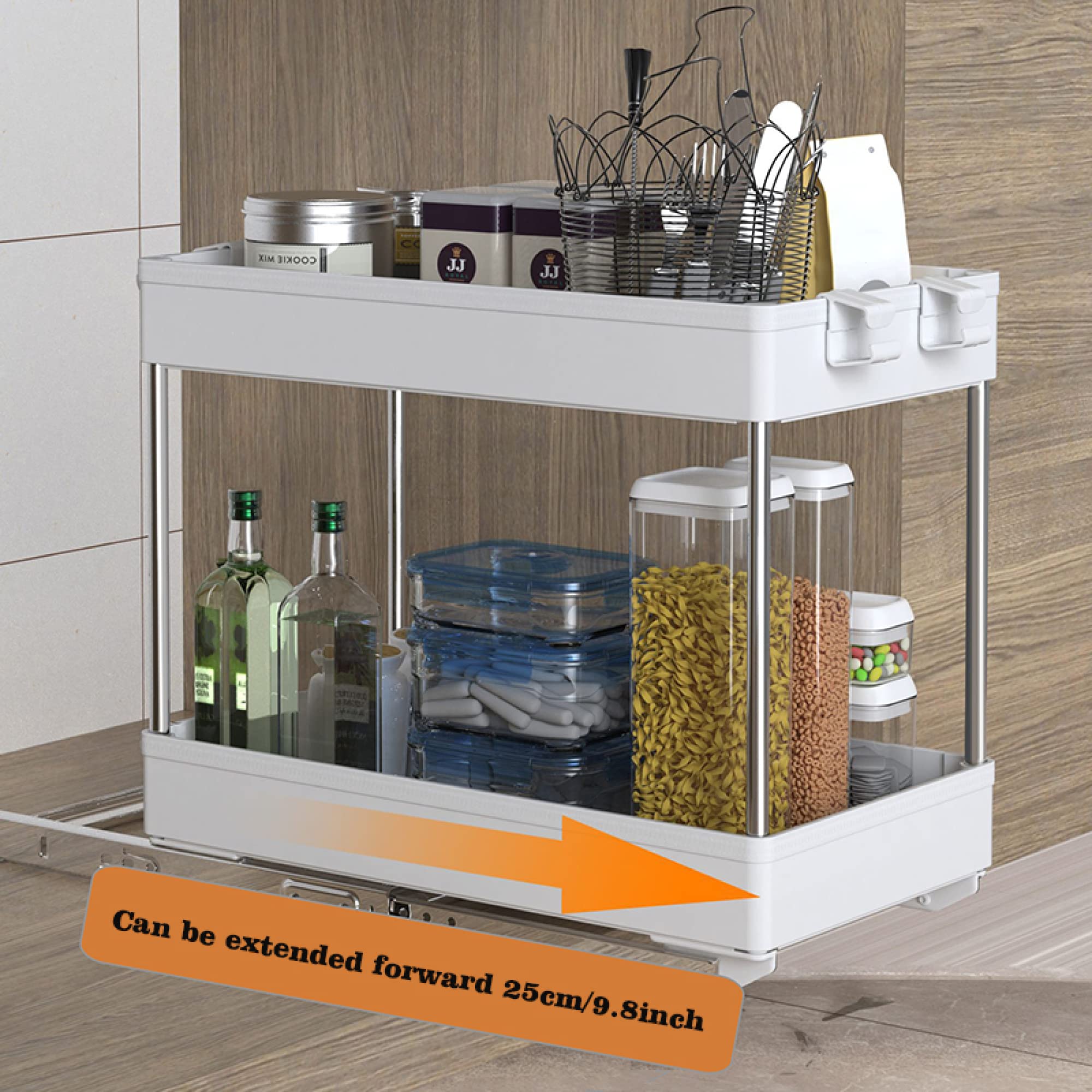 Opberglade Voor Onder De Gootsteen Met 2 Niveaus, Uittrekbare Lade Organizer Metalen Schuifbare Opbergmand Keuken Aanrecht Bijkeuken Badkamer Kantoor Desktop Zwart 637618925