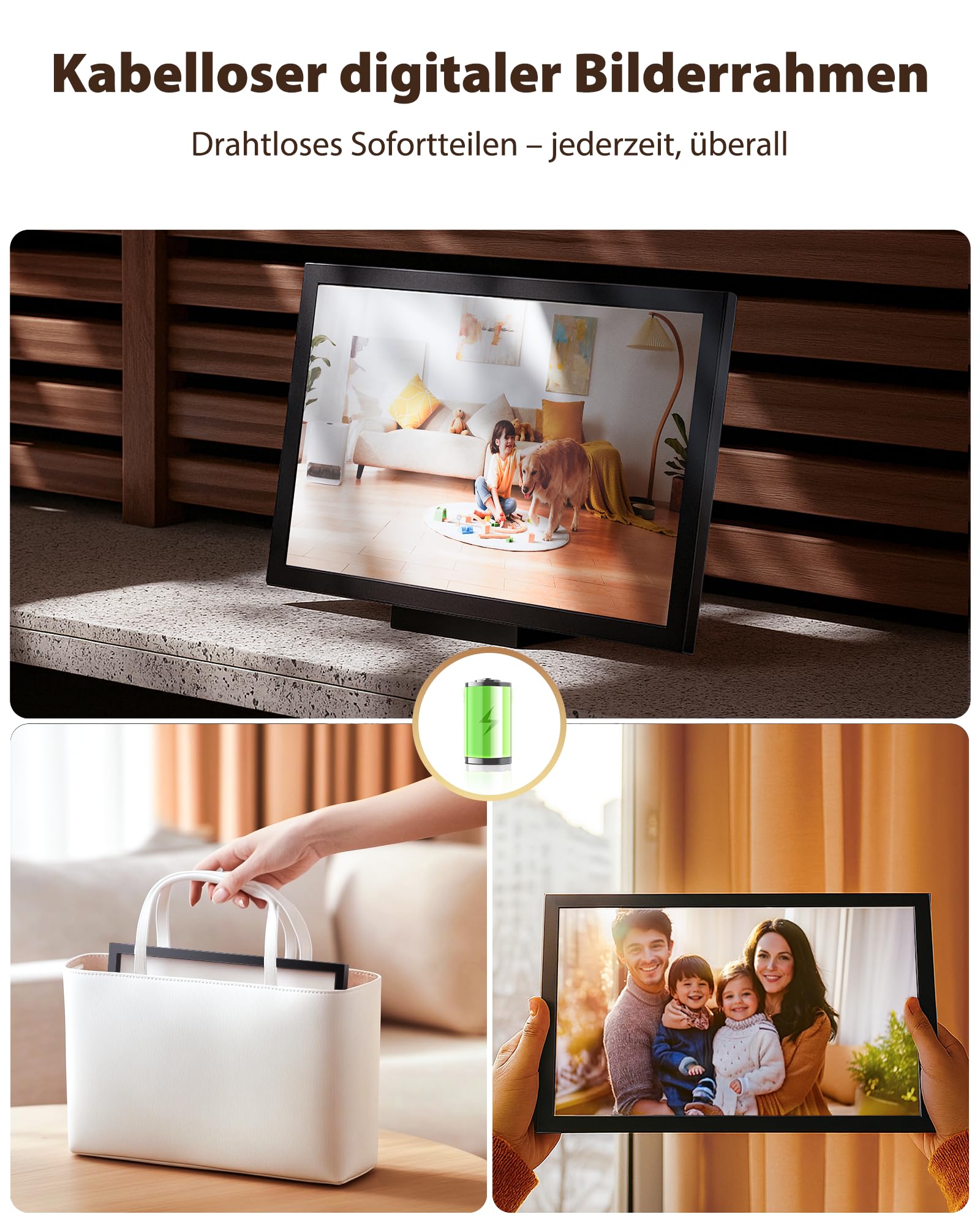 64 GB Frameo Digitaler Bilderrahmen 10,1 Zoll WLAN, 5000mAh Akku mit kabellosem Laden, HD IPS Touchscreen, Kalender & Ereigniserinnerung, Auto-Rotation, Foto- & Video-Übertragung via FRAMEO App