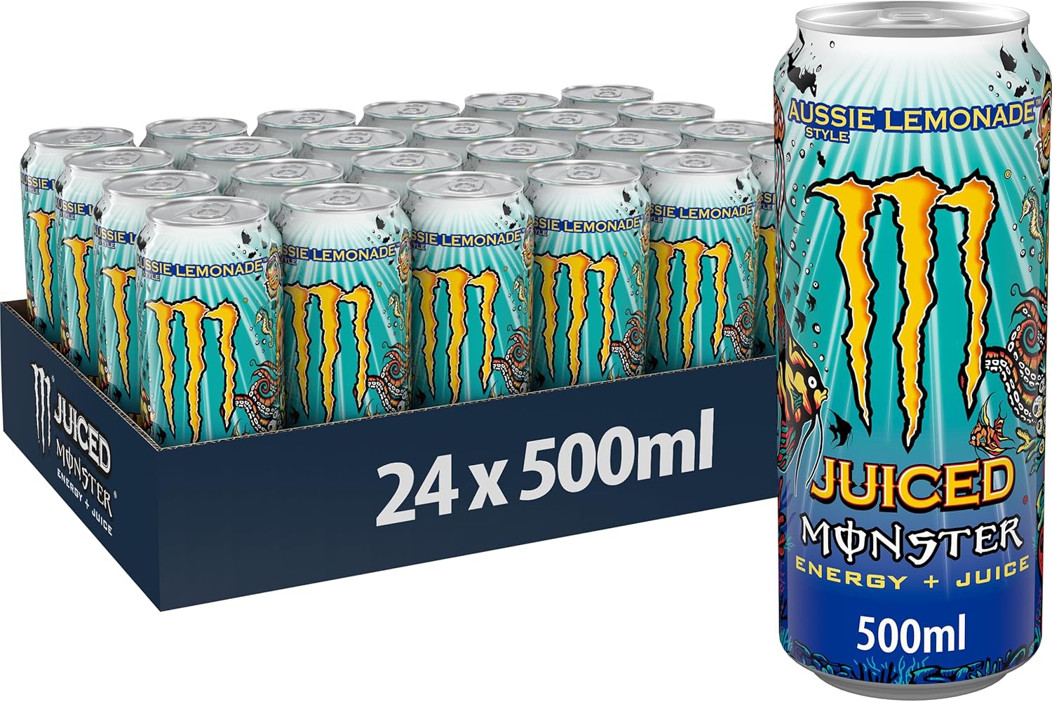 Juiced Monster Aussie Lemonade, Bevanda Energetica al Gusto Limonata con Miscela Energetica e 160 mg di Caffeina, 24 Lattine da 500 ml