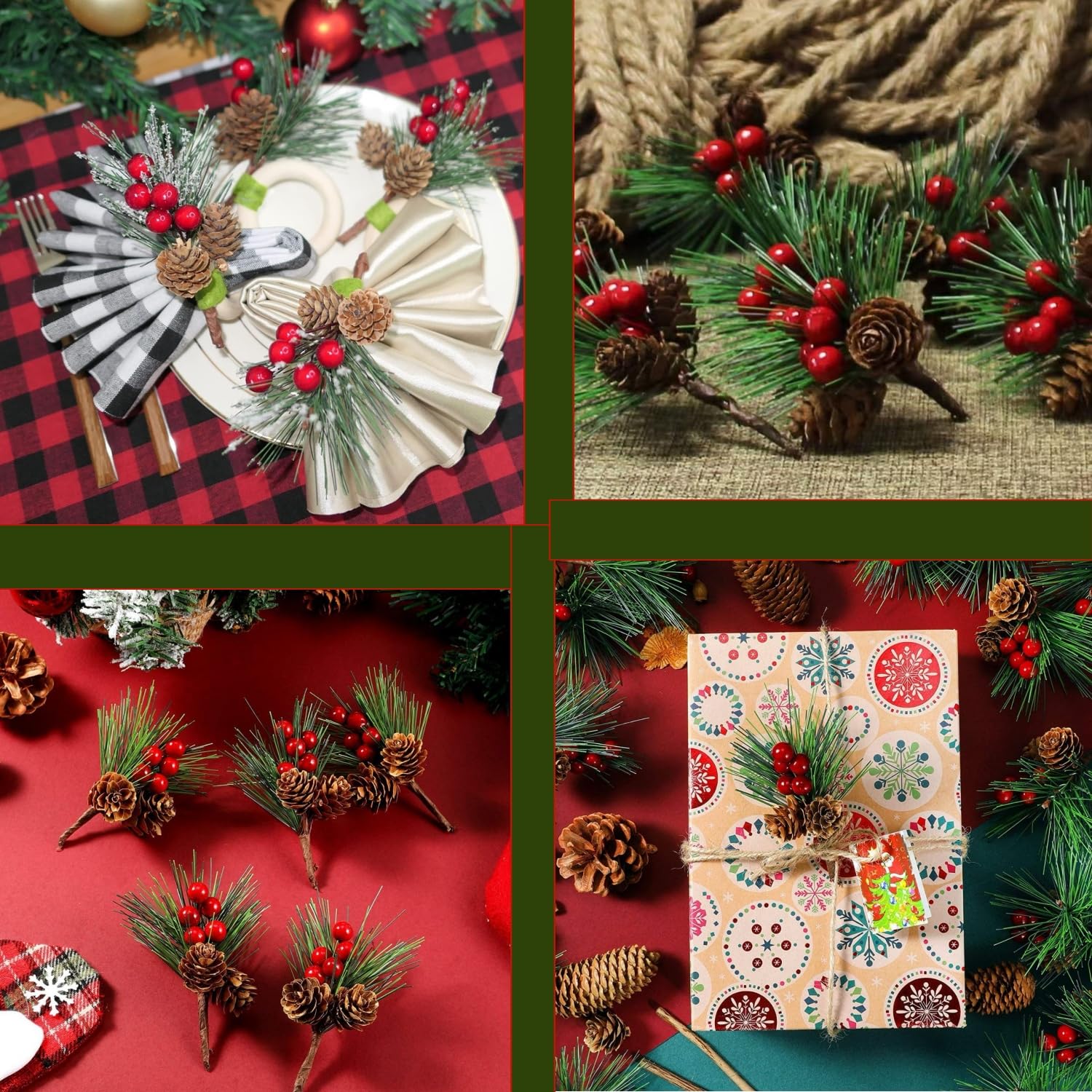 12 Pigne Artificiali Natalizie Con Bacche - Decorazioni In PVC Per Albero, Ghirlande, Composizioni Fai Da Te