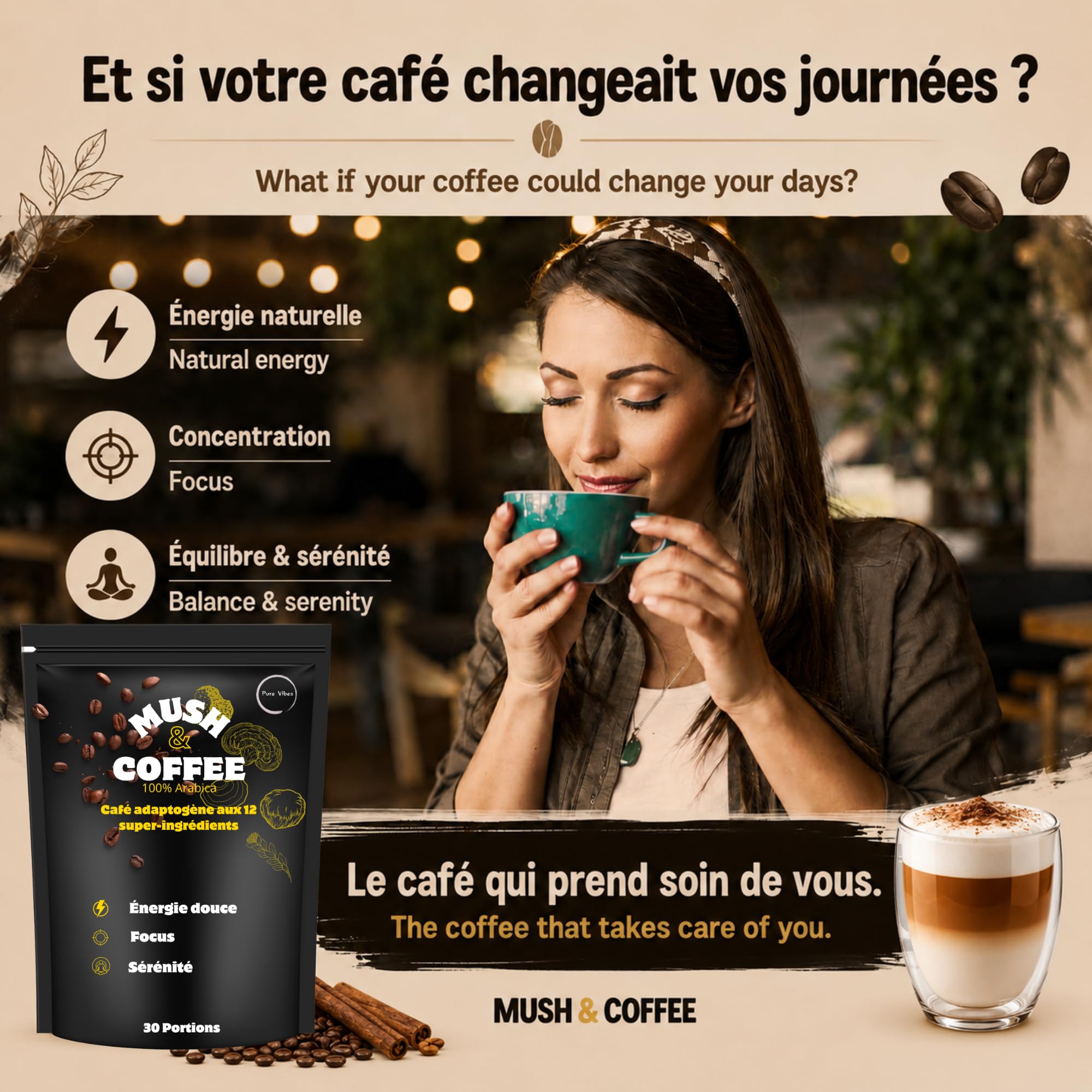 Alternative au Café – Substitut de Café Instantané Reishi & Lion’s Mane – PureVibes Mush & Coffee – Énergie Stable & Concentration – Vegan Sans Sucre – 15 Portions (30, Tasses)