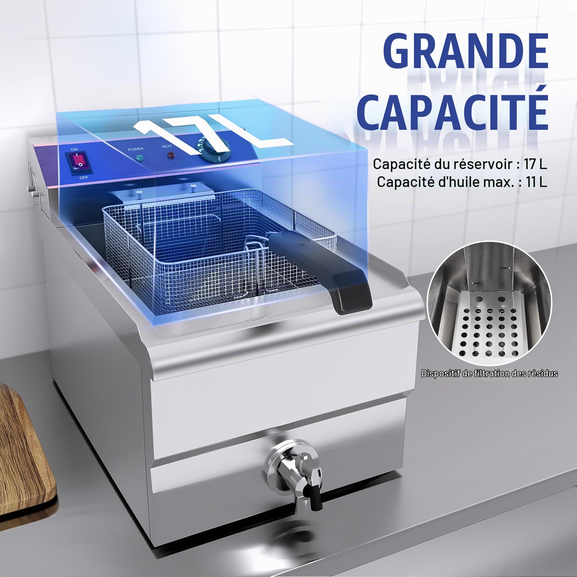 Friteuse électrique,16LCommerciale friteuse avec valve de vidange acier inoxydable,Professionnelle Inox Friteuse Avec Régulateur de Température,3000 W, 60-200 °C