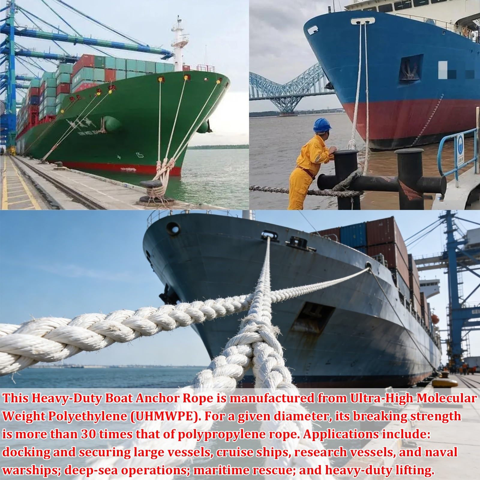 Cima per ancora, fune ad alta resistenza in UHMWPE con carico di rottura da 50 a 260 tonnellate, cime di prua e ormeggio per yacht, rimorchiatori, navi da carico e motovedette.(55MM 166Tons)