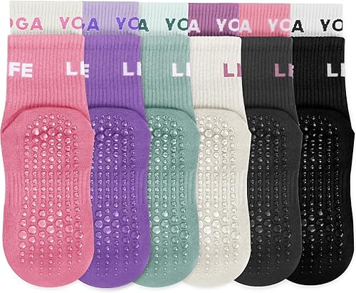 Miniatura 8 de Calcetines antideslizantes para mujer, calcetines de agarre de pilato, calcetines antideslizantes para yoga, calcetines de hospital, 6 pares
