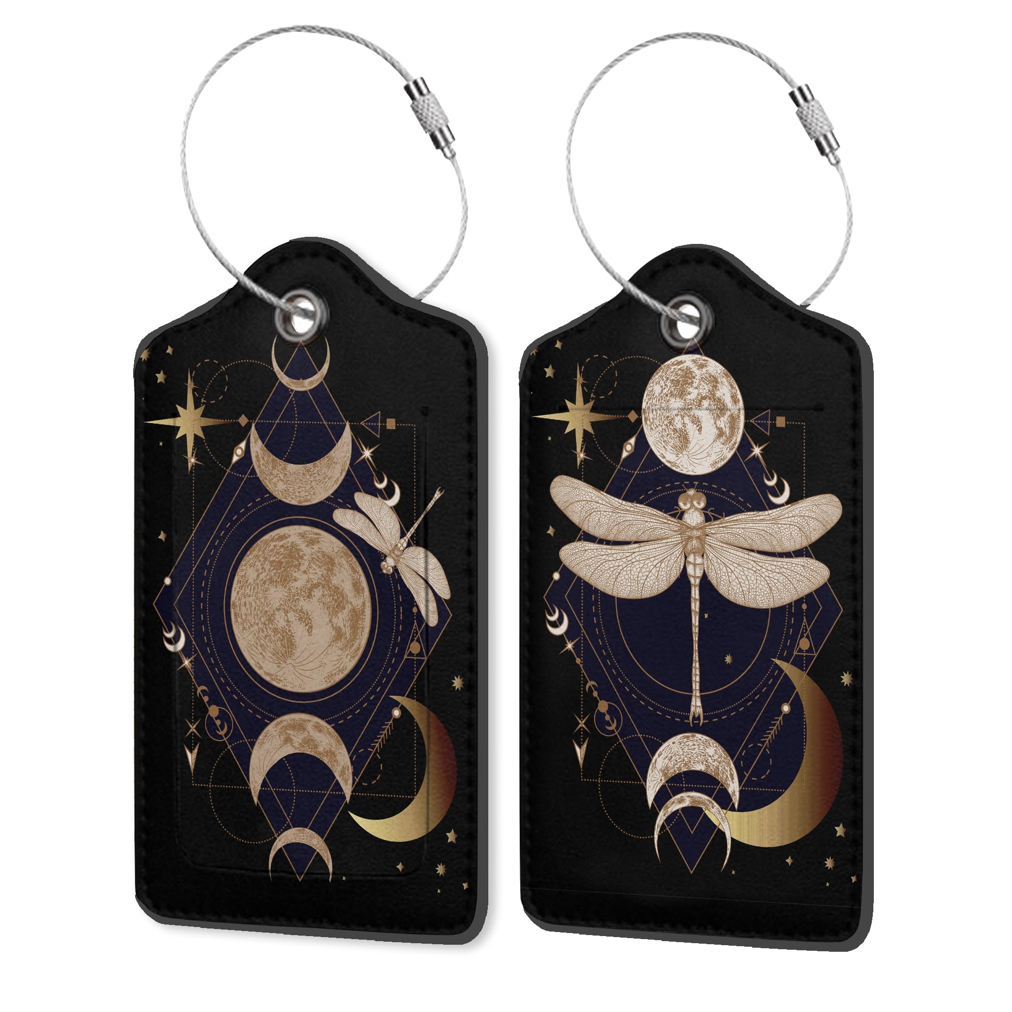 Geometric Magical Dragonflies, Moon, Stars PU Leather Luggage Tags for Suitcase, Travel 2 Pack with Privacy Flap, Name ID Label and Metal Loop for