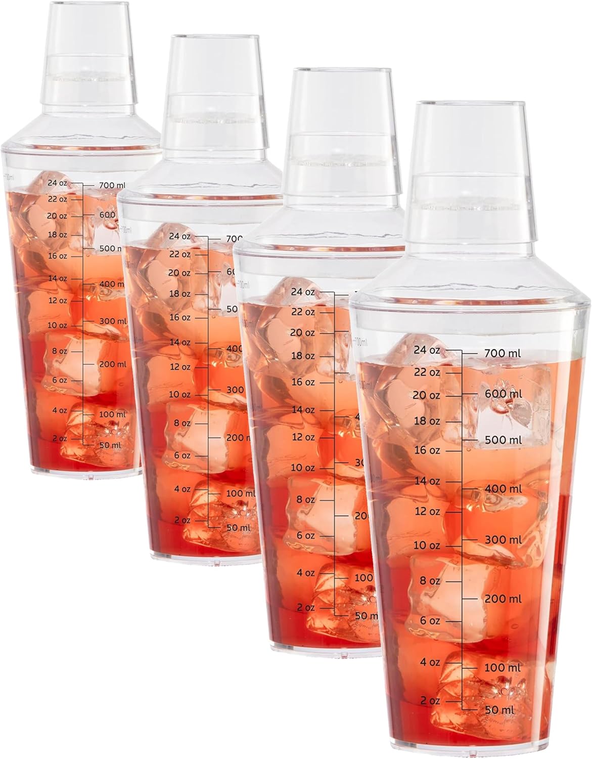 OGGI Clear Cocktail Shaker - 24 oz / 700 ml, Clear Durable Plastic Construction, Built in Strainer - Ideal Home Bar Drink Mixer, Bartender Kit, Essential Bar Accessories (Pack of 4)