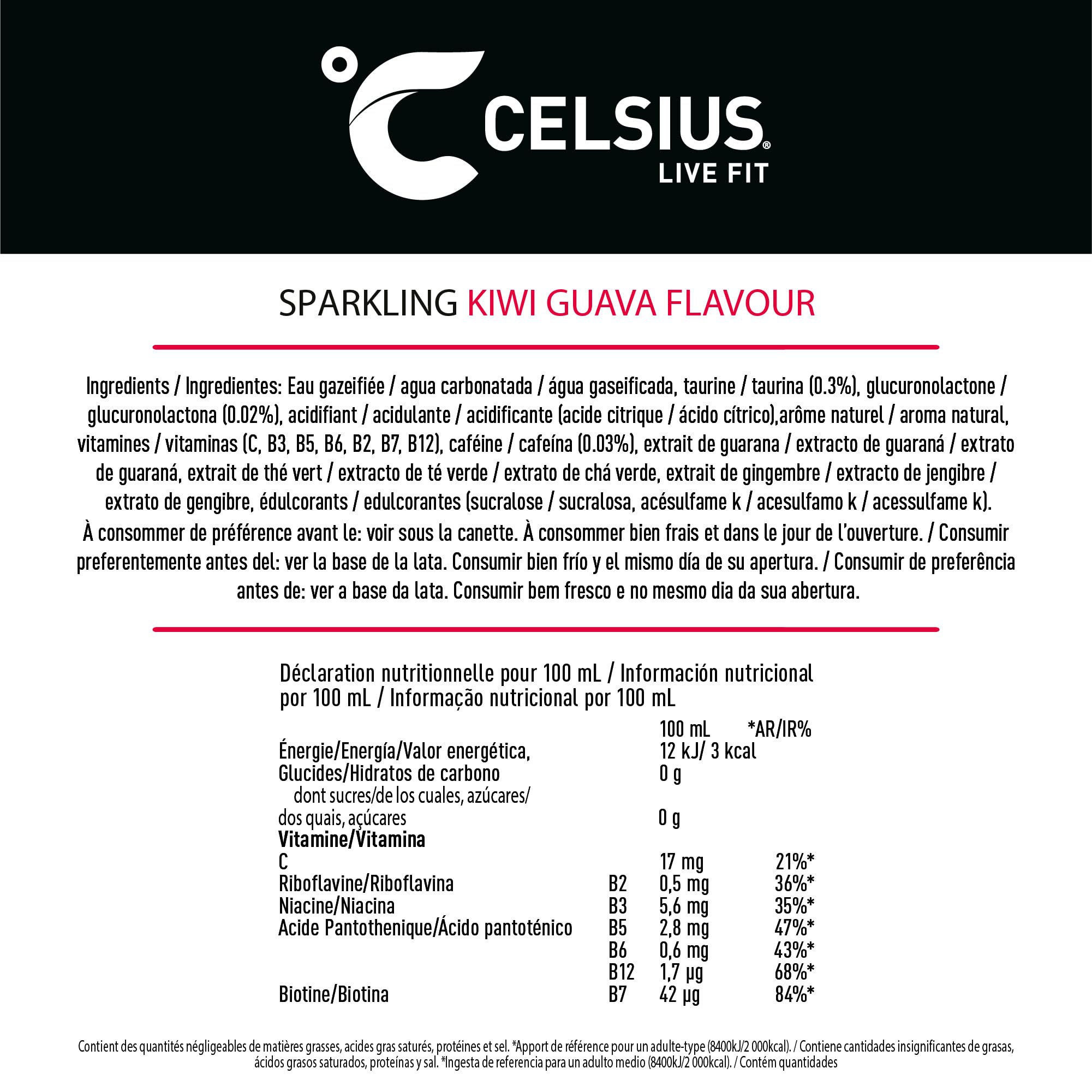 Celsius Bebida Energética Sin Azúcar, Sabor Kiwi Guayaba, Energy Drink Funcional - Lata, Pack 12 x 355 ml