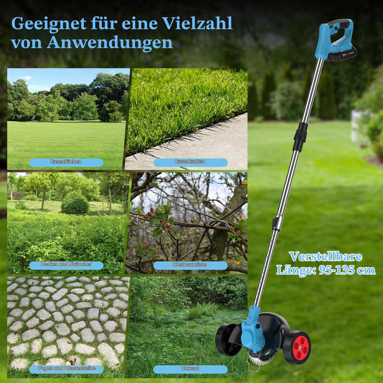Akku Rasentrimmer 21V, Elektrischer Grasschneider Faltbar mit Teleskopstange, 380W, 7800 RPM, Schnittbreite 15cm, 20-50min Laufzeit, Leise, Kantenschneider für Garten Rasen Hof Unkraut (2 Batterien)