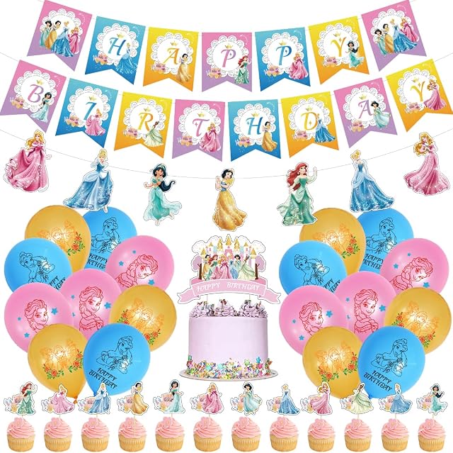Princess Birthday Party Supplies, Princess Party Decorations Include Cake Topper,Cupcake Toppers, Banner, Balloons for Girls Kids Baby Shower Birthday Party Supplies, Pink