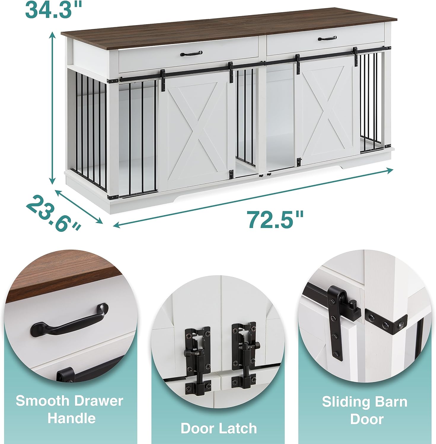 72.5" XXL Wooden Dog Crate Furniture for 2 Large Breeds, Extra Large Double Dog Kennel with Divider, Drawers & Barn Door, Water Resistant Furniture-Style Dog Cage, White
