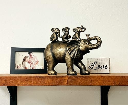Miniatura 6 de Nature's Mark Estatua de Resina de 3 Bebés Elefantes Montando en un Elefante de 8" H Figura Decorativa para el Hogar (Bronce)