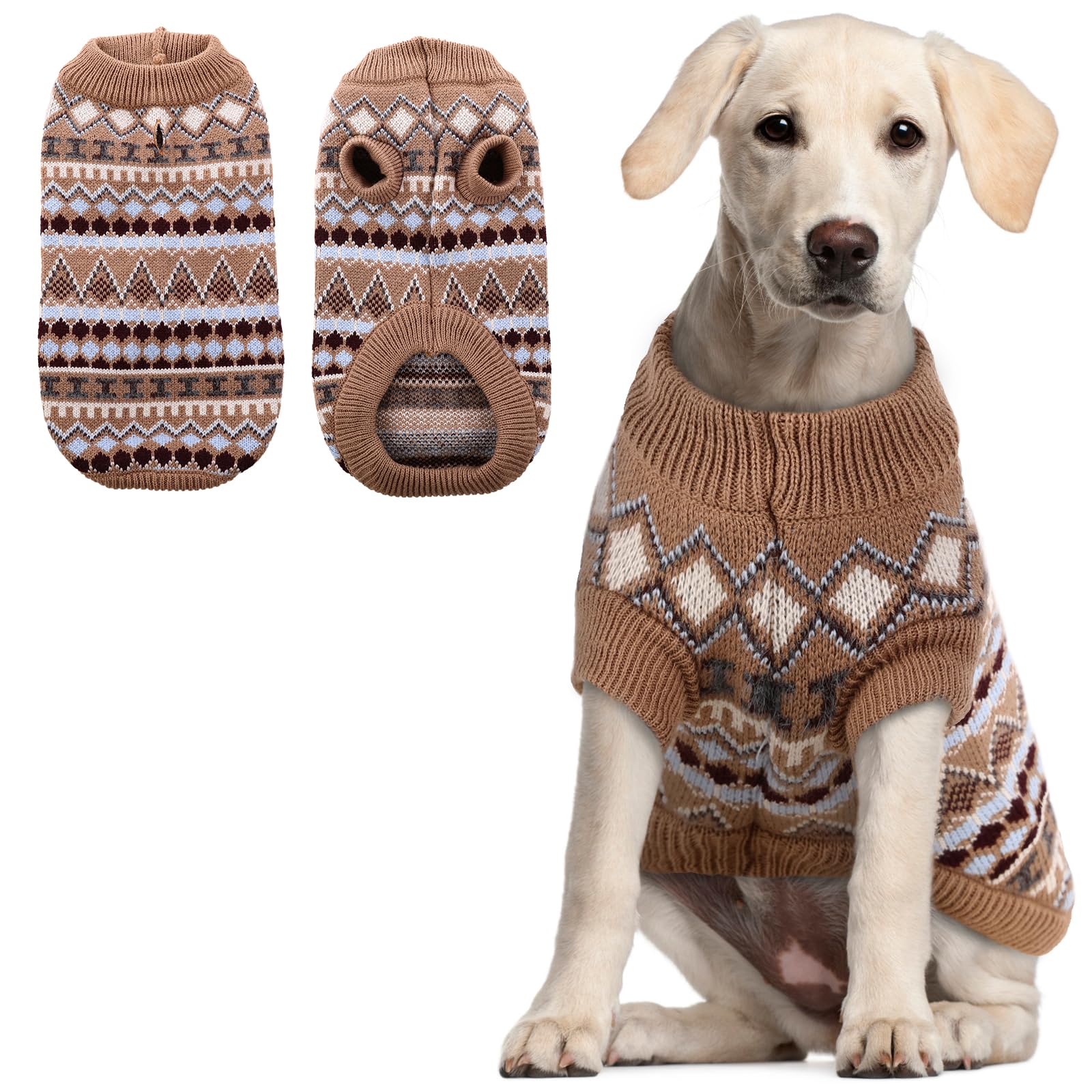 Hjumarayan Boho Dog Jumper - Winter Sweater for Small Medium Large Dogs, Thick Warm Knitted Dog Clothes with Harness Hole, Stretch Fit for Cold Weather Walks, Khaki S