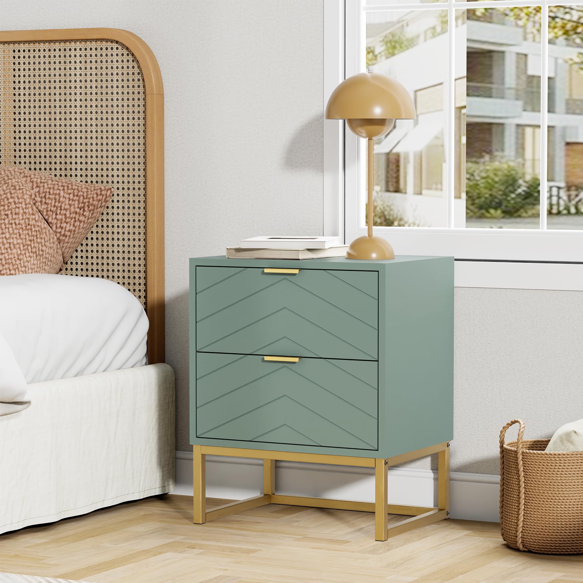 UEV Set di 2 Comodino Camera da Letto con Motivo a V, Mobile Camera da Letto con Miniglie e Piedini in Metallo, Comodino Moderno e Stabile, 46 x 33,5 x 56,5 cm, Verde