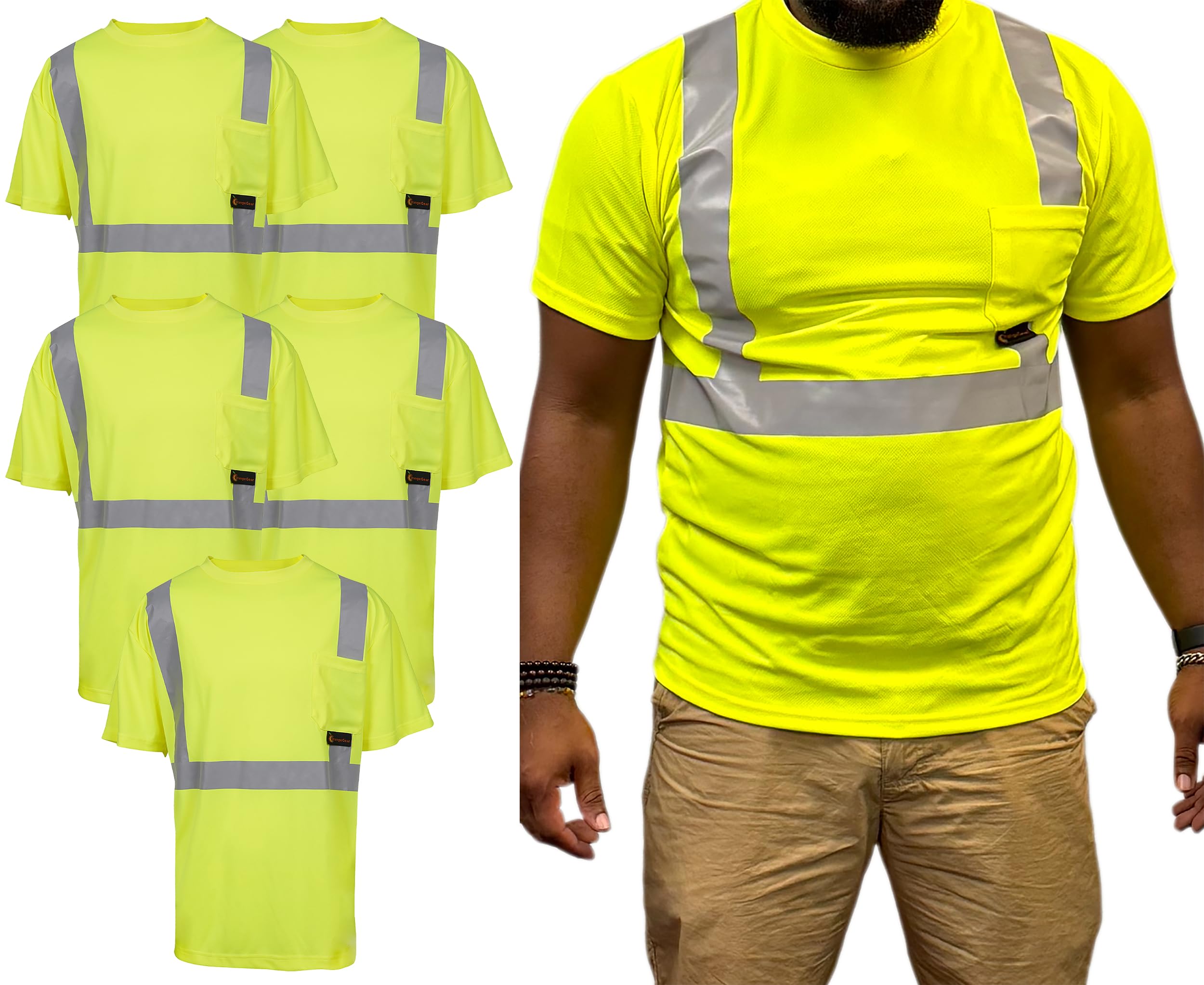 OrangeGear® Class 2 Short Sleeve High Visibility Reflective Moisture Wicking T-Shirt (5 Pack) (US, Alpha, Medium, Regular, Regular, Lime)