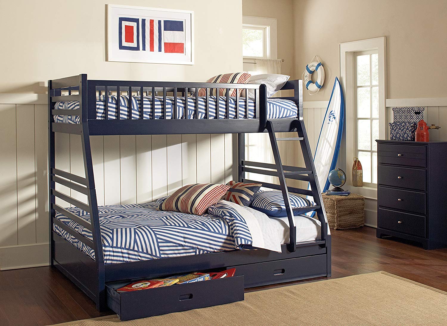 ( incomplete box 1 of 3 ))Coaster Cooper Twin and Full Bunk Bed with Two Storage Drawers Attached Ladder and Safety Rails, In Navy