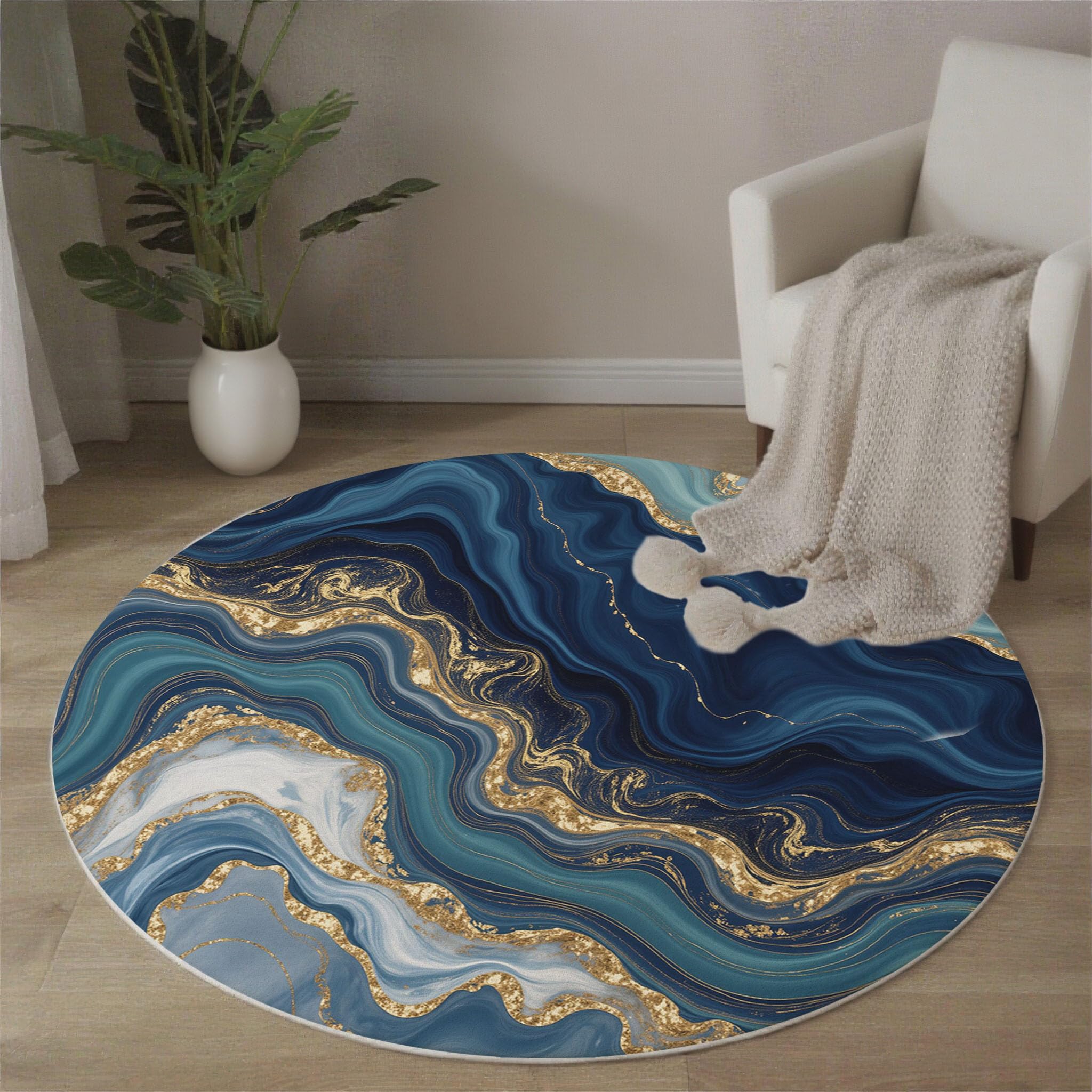 Tapis de salon bleu marine et or rond lavable antidérapant 80 cm