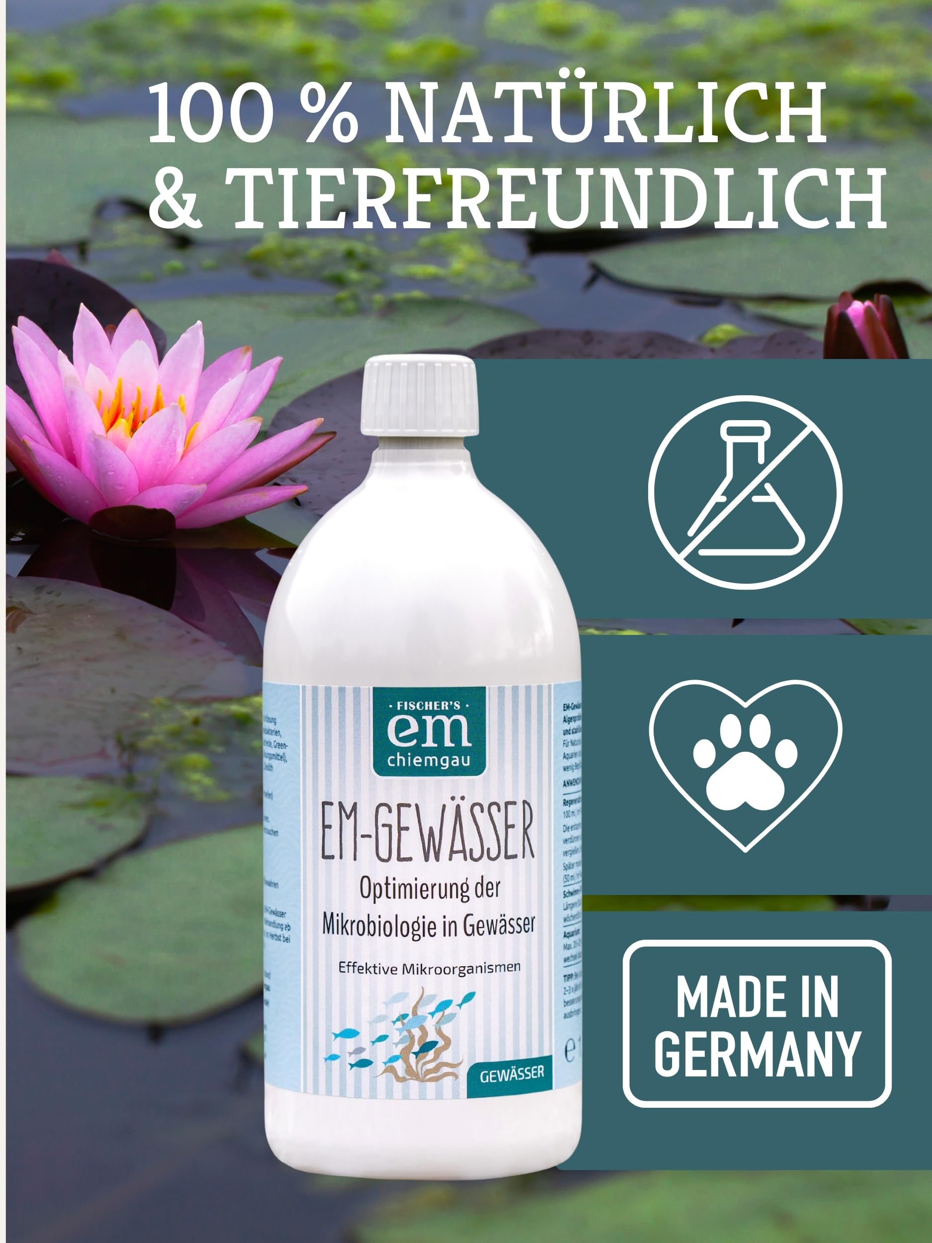 EM-Chiemgau EM Wasseraufbereiter [Effektive Mikroorganismen] für klares Wasser, Gegen Algen/Phosphat/Schwermetalle/Schlamm, optimale Mikrobiologie in Teich, Aquarien, Pools & Gewässer (1 L)
