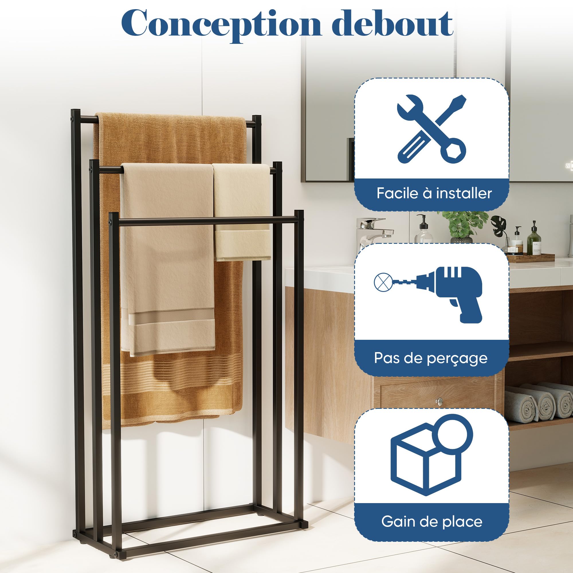 Porte Serviette sur Pied Salle De Bain, Support Serviettes Autoportant en Métal, Porte-Serviettes Noir sur Pied à Trois Niveaux, pour Les Serviettes de Toilette et Les Draps de Bain