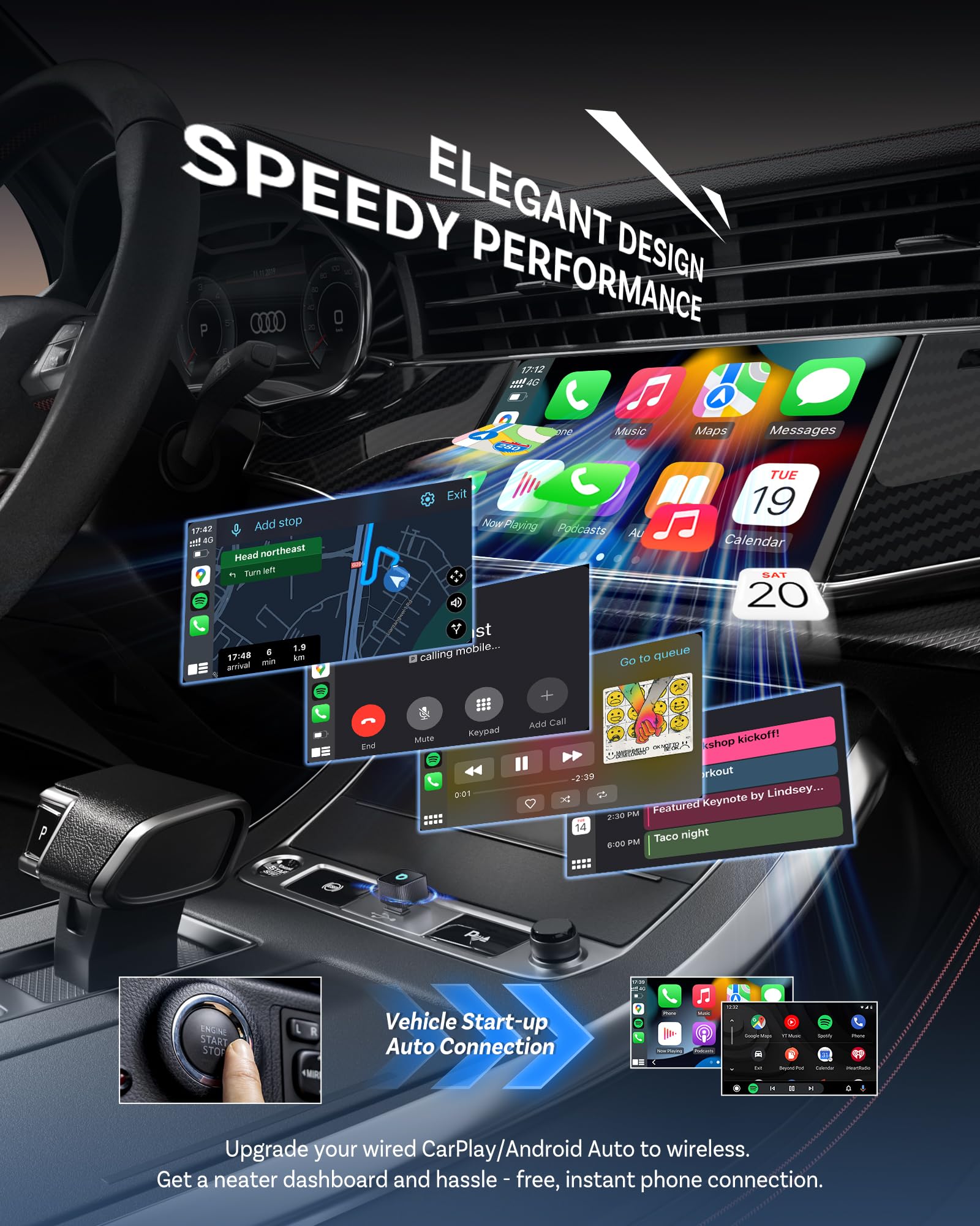 OTTOCAST Mini Slim 2026 Adaptador Inalámbrico CarPlay y Android Auto, Adaptador 2 en 1 para Coches con CarPlay y Android Auto por Cable, Plug & Play, Reconexión Automática