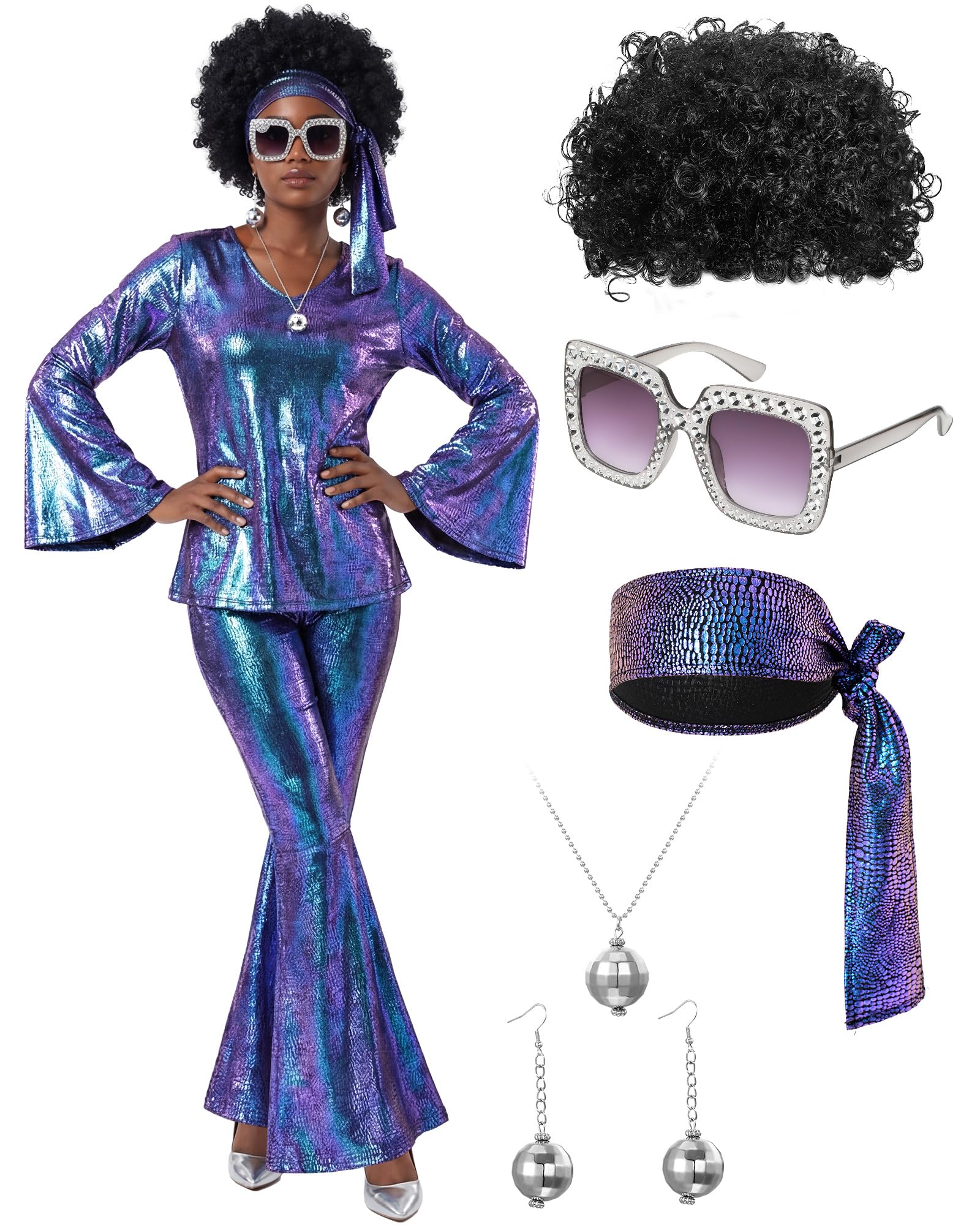 Photo 1 of Jexine 70s Women Disco Outfit Costume Disco Party Top Pants Sunglasses Ball Necklace Earring Wig for Halloween New Year Eve(Laser Purple,XX-Large)