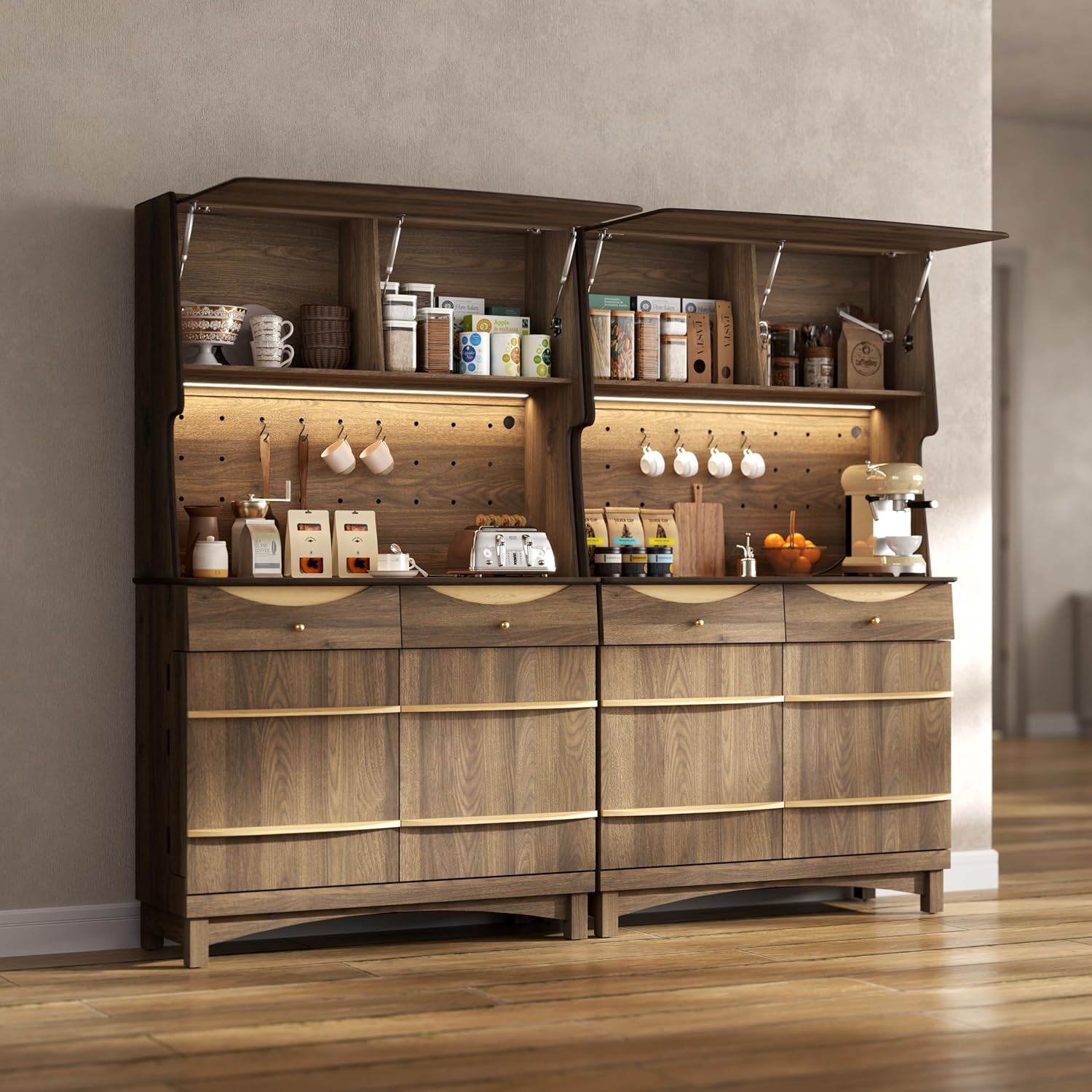 72’’ Tall Kitchen Pantry Cabinet with Power Outlet and LED Light, Kitchen Hutch Cabinets with Flip-up Door & Pegboard, Freestanding Food Pantry Storage with Drawers, Buffet Cabinet for Dining Room