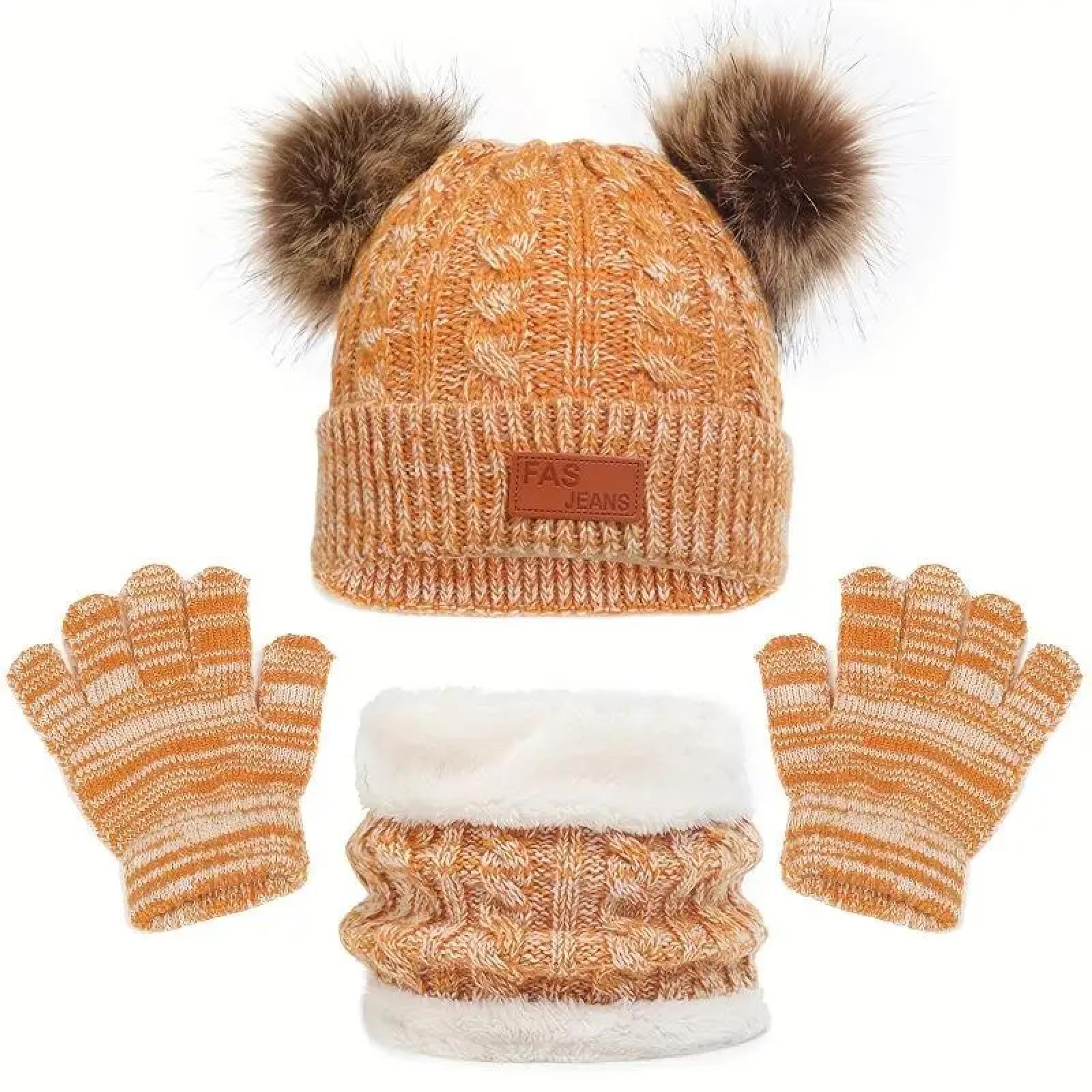 Strickmützen Hüte Mützen Caps Beanie Mütze Beanie Kinder Winter Beanie Mütze Schal Handschuhe Warmer Anzug Für Kinder 1-10 Jahre Alt Mädchen Jungen Warme Doppel Pompoms Strickmütze