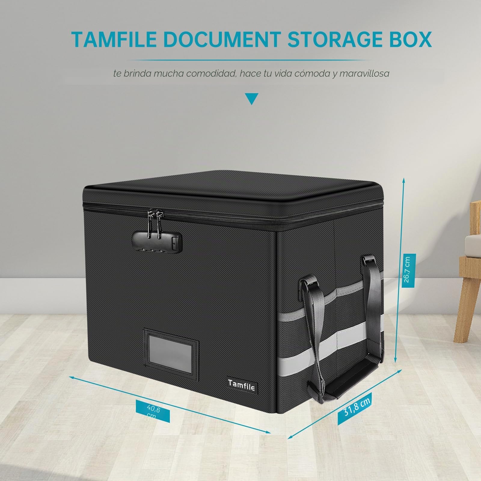 Tamfile Caja de documentos ignífuga y organizadora de archivos impermeable con cerradura, plegable con cremallera, portátil para oficina y casa con asas