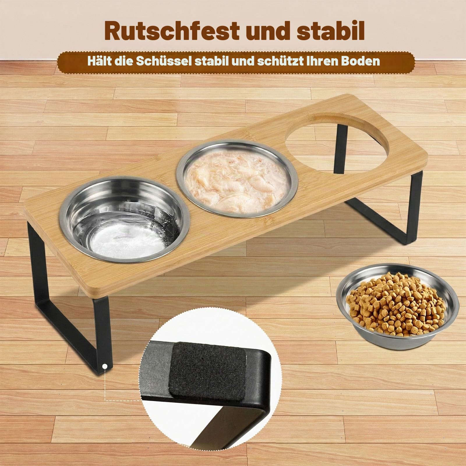 Katzen Futternapf 3er Set, Katzennäpfe Erhöht mit 15°Gekippte Holz Ständer, Ergonomischer Futterstation Katze mit Edelstahl Näpfe für… – Ansicht 5