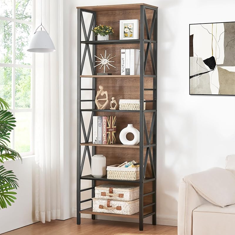 HOMISSUE Estantería alta, estantería de 7 niveles, estanterías y librerías de metal de madera rústica, librería abierta independiente e industrial para el hogar, oficina, sala de estar y dormitorio, marrón vintage