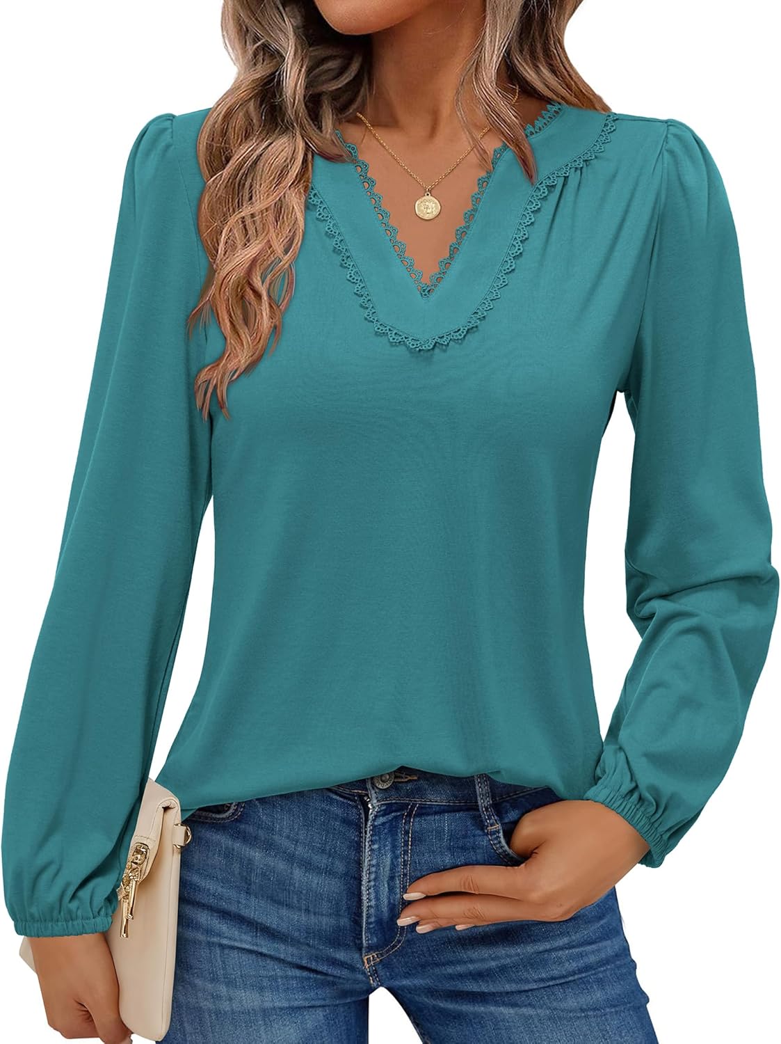siliteelon Long Sleeve Blouses for Women Dressy Casual Tops for Women Trendy V Neck Lantern Long Sleeve Lace Trim 2026 Spring